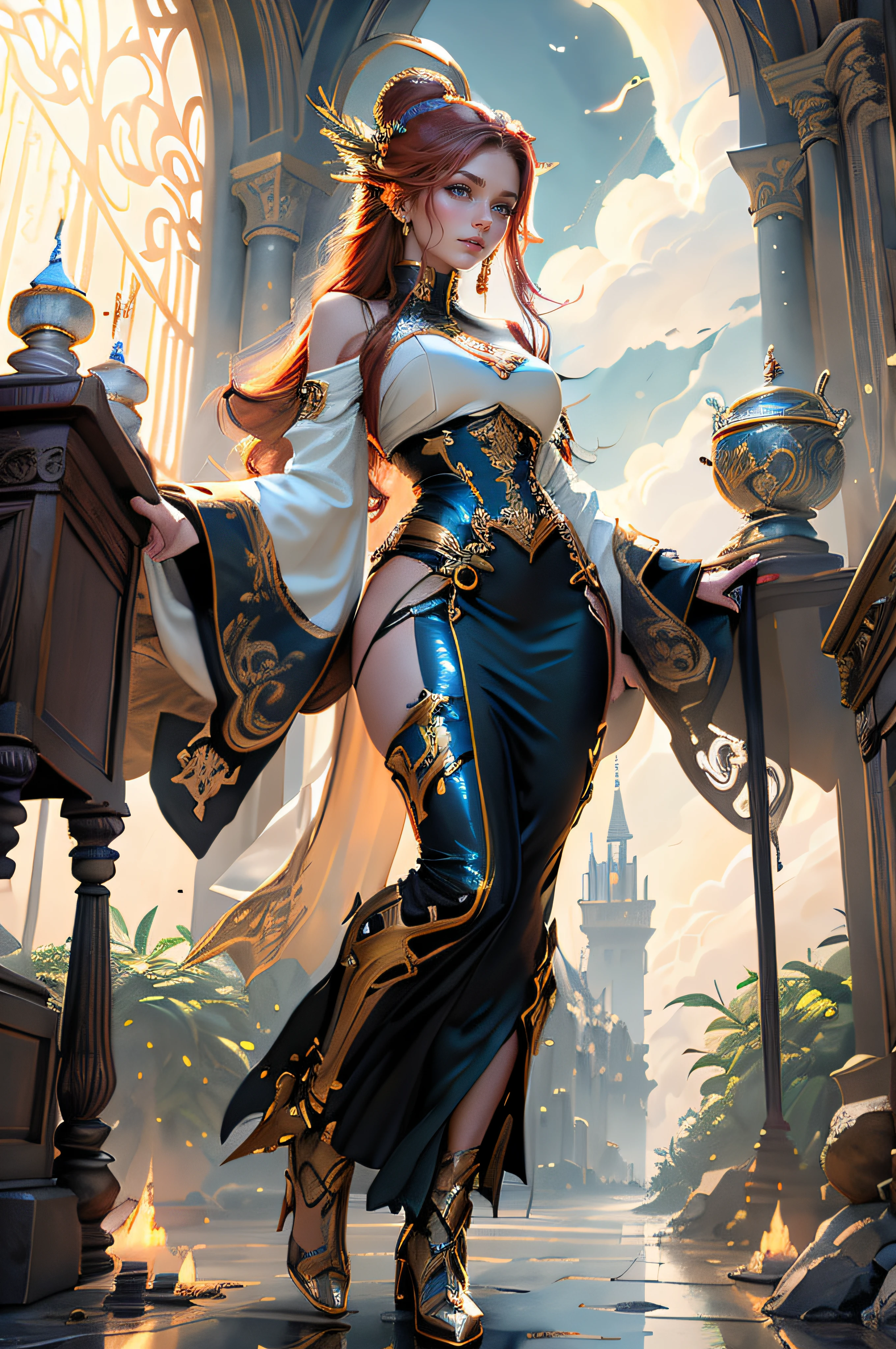 1girll, 8K quality，full bodyesbian, Mage style, Sexy goddess，The facial features are delicate and beautiful，Red long-haired，Fairy stick in hand，wands，Stand high，der riese，Architectural view of the ancient castle，blueglow，dark stormy clouds，Sky spaceship，Multiple planets，The setting sun burns the clouds，Jupiter，Mards，Tornado，Flaming，Goddess Mage，Large bearings，Stone dragon wall，Full of gold treasures，Gold and silver jewelry，Ultra-futuristic spaceship combat vehicle。