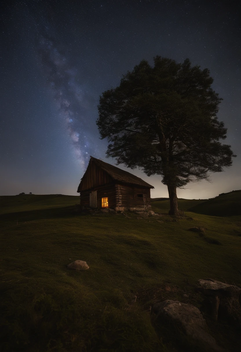 deep in the night,rays of moonlight,Tano,A small house on the side of the road,Light shines through the windows,one tree,k hd,8K,Masterpiece, Best quality, {Best quality}, {{Masterpiece}}, {A high resolution},