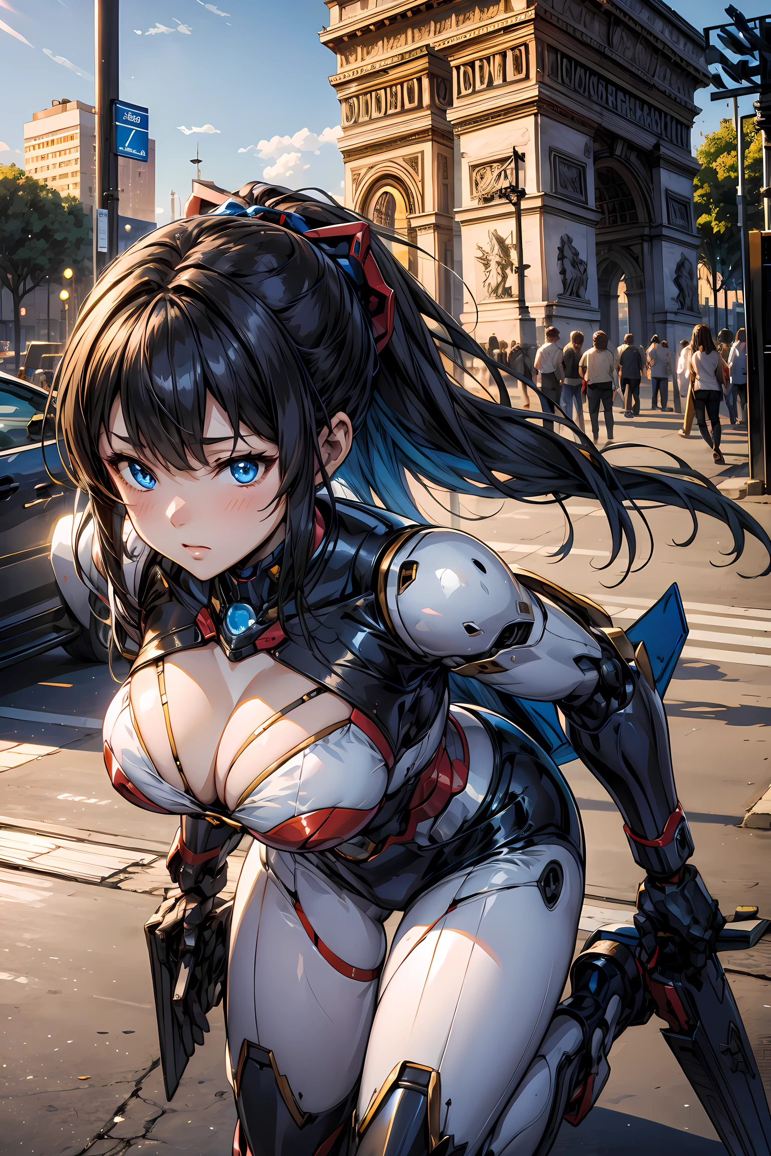 Cyborg girl、mecha musume、Beam from the eye towards the Arc de Triomphe from the sky、