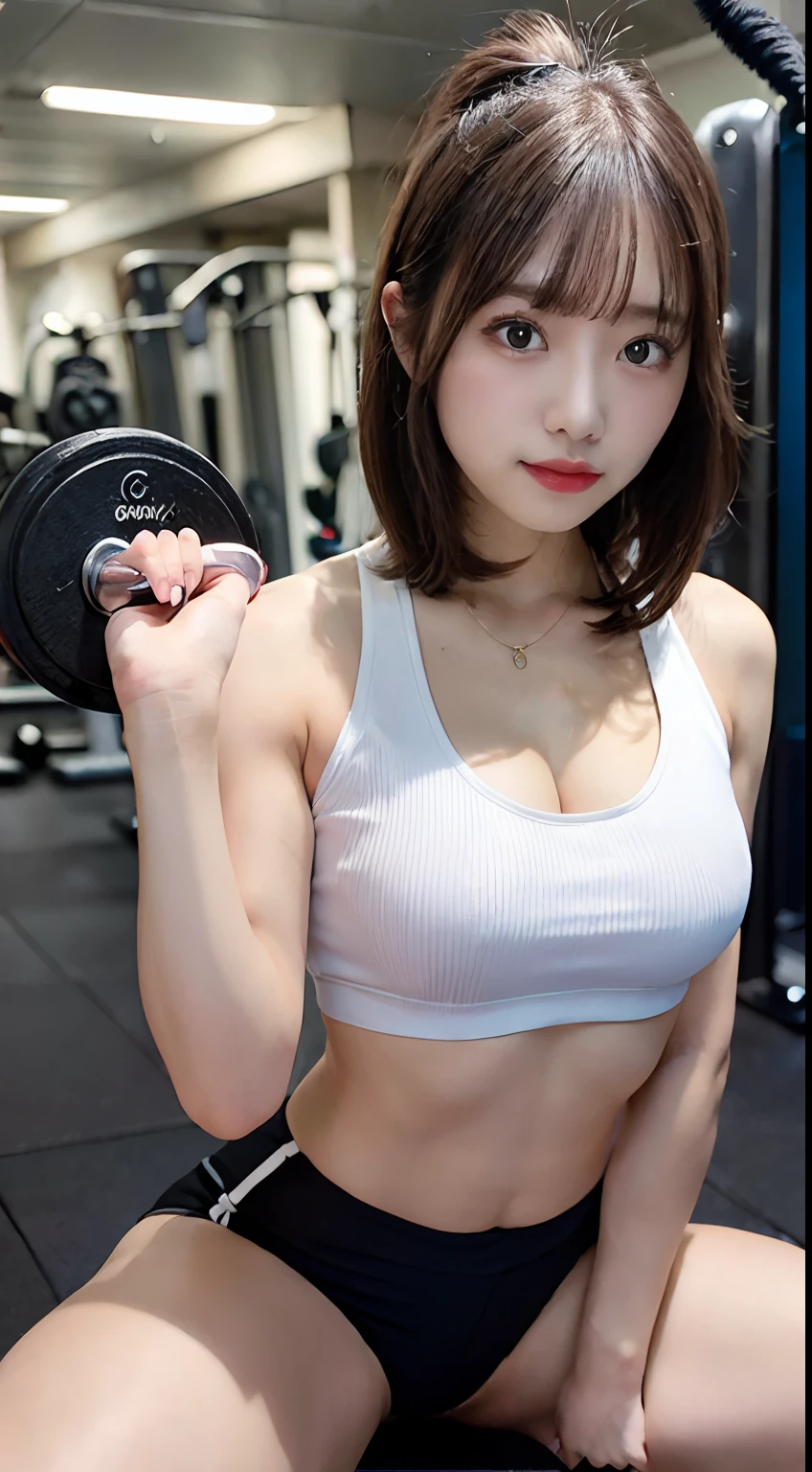 (Highest image quality, realistic depiction),(Body slippery with lotion,sweaty body),a choker,fullnude,(A nude woman lifts a barbell with all her might),Colossal tits,((best character depiction,beautiful nude body))