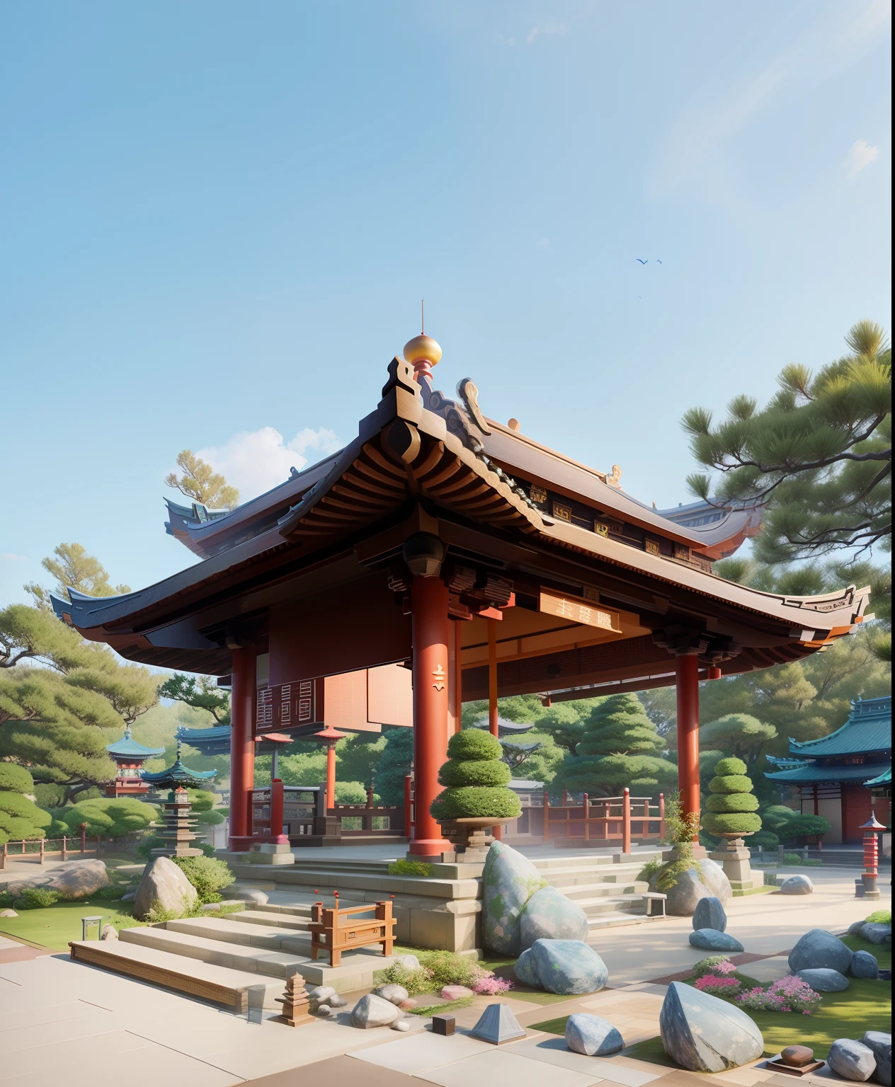 there is a small pavilion with a stone bench in the middle of it, a temple, buddhist temple, japanese temple, chinese temple, digital painting of a pagoda, temple, with a chinese temple, rendered in lumion pro, pagoda, japanese shrine, vietnamese temple scene, rendered in vray, rendered in lumion, pagoda with a lot of wind chimes