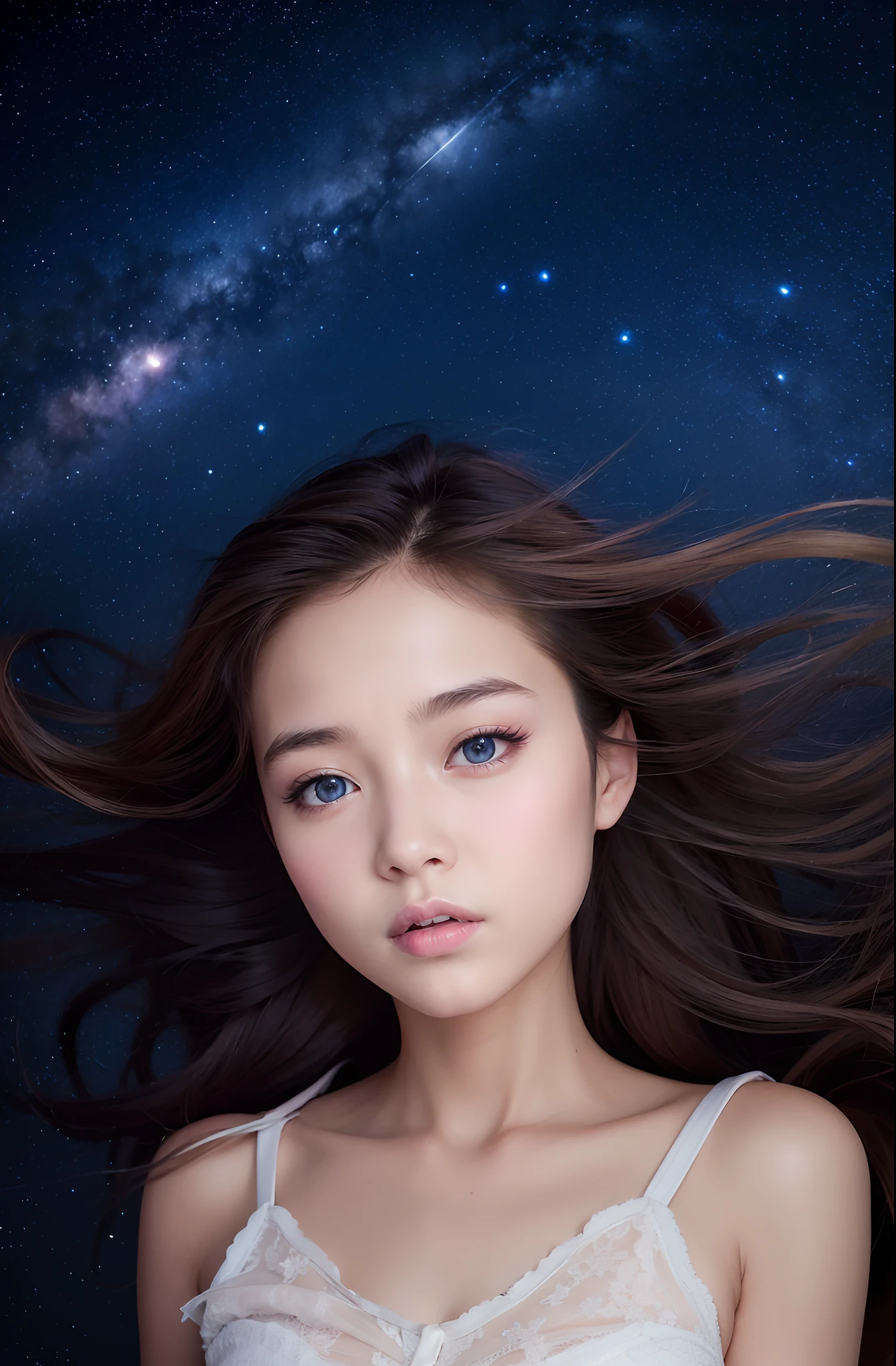 8K、12-year-old beautiful girl, flower  field, Sleep lying on your back, Long hair, Night, Starry sky、A detailed face