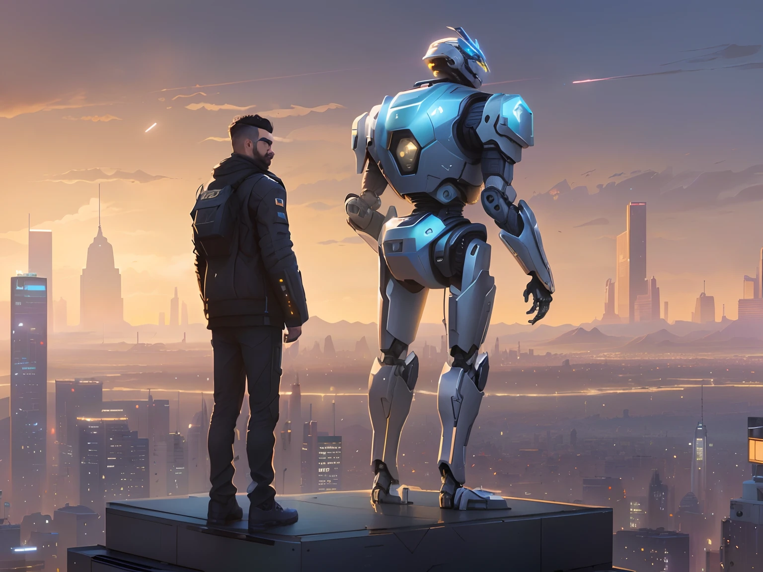 Robots parados en una plataforma con vistas a una ciudad al atardecer, Android Jones y Rhads, Android Jones y Atey Ghailan, bionic scifi Alexandre Ferra, Beeple y Tim Hildebrandt, Alena Aenami y Android Jones, Syd Mead y Raphael Lacoste, beeple y Greg Rutkowski, Wojtek FUS, depicted as a scifi scene