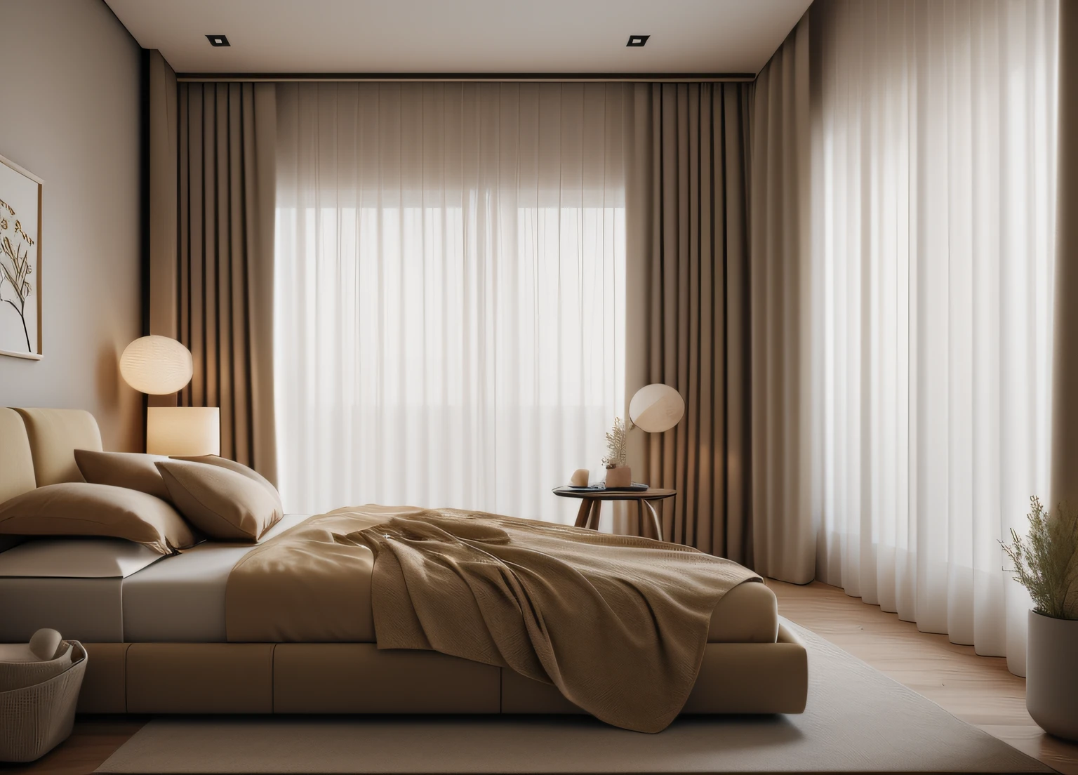 bedroom, thick curtains, photo, beige, interior, modern, (angled), (masterpiece),(high quality), best quality, real, (realistic), super detailed, (full detail),(4k),8k