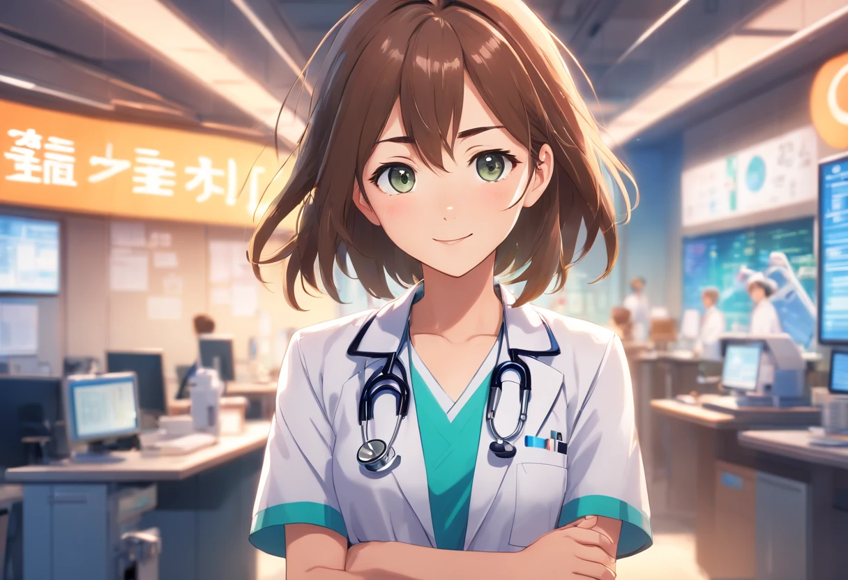 (best quality,ultra-detailed,highres,realistic),portrait,1girl,doctor,female,doctor uniform,miniskirt,beautiful detailed eyes,beautiful detailed lips,smile,wavy brunette hair,confident expression,professional,studio lighting,subtle shadows,vivid colors,soft background,elegant posture,detailed stethoscope,sharply focused,physically-based rendering,bokeh