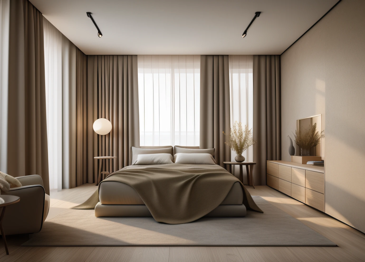bedroom, thick curtains, photo, deep beige, interior, modern, (angled), (masterpiece),(high quality), best quality, real, (realistic), super detailed, (full detail),(4k),8k