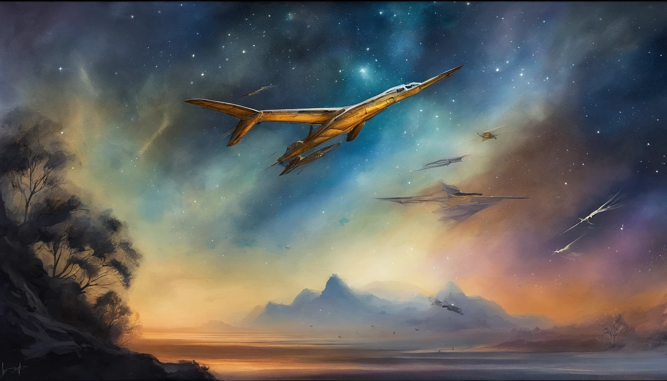 Distant starry sky,karo,fleet,Flight armor,blasts,heavenly body,flight,Aviator,Laser weapon。