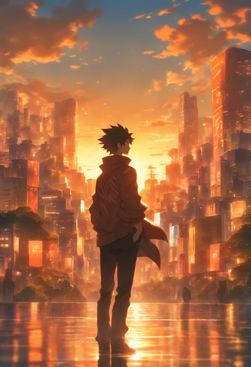 Man standing in front of beautiful city in the afternoon, sunset light, reflection light