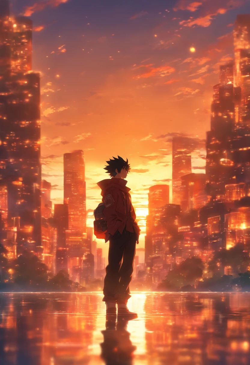 Man standing in front of beautiful city in the afternoon, sunset light, reflection light