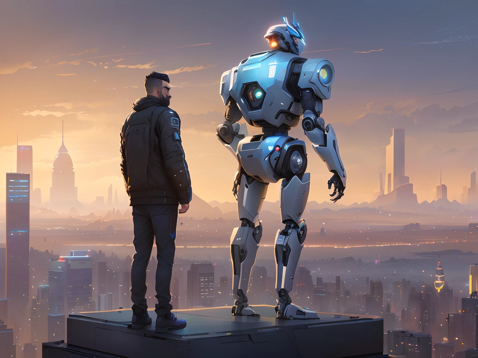 Robots parados en una plataforma con vistas a una ciudad al atardecer, Android Jones y Rhads, Android Jones y Atey Ghailan, bionic scifi Alexandre Ferra, Beeple y Tim Hildebrandt, Alena Aenami y Android Jones, Syd Mead y Raphael Lacoste, beeple y Greg Rutkowski, Wojtek FUS, depicted as a scifi scene