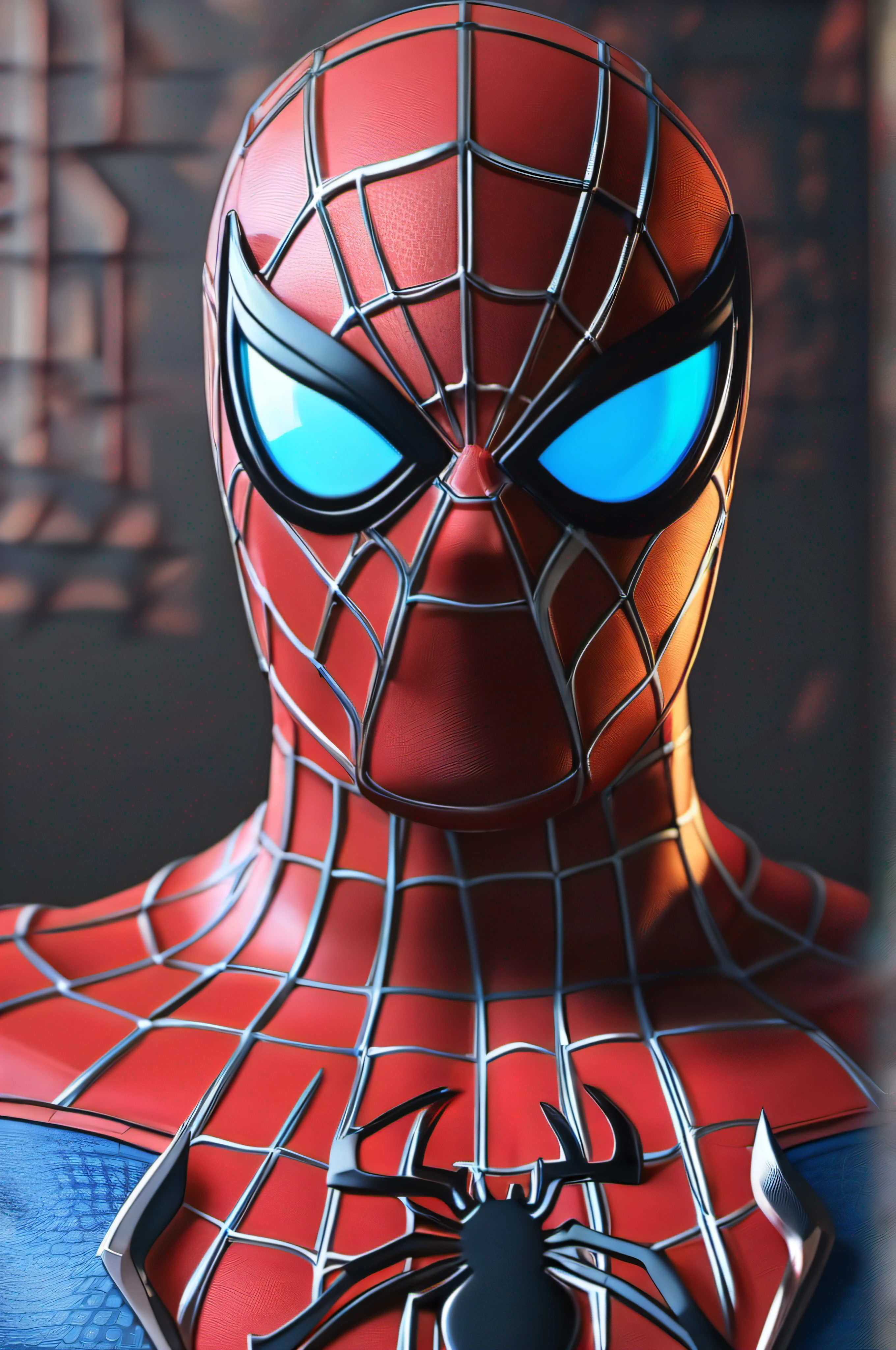 bust of spider man with uniform
of the playstation 5 game and with 
the mask ripped in half, 8k, hasselblad, cinematographic, hyper realistic, ultra realistic
