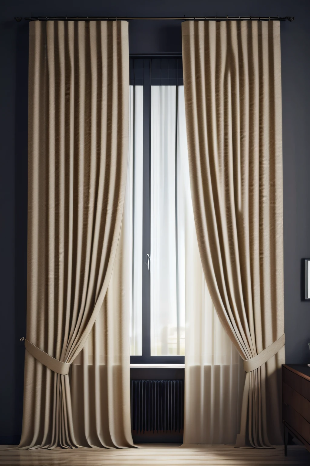 room, thick curtains, beige curtains, interior, interior design, modern, closed curtains, night, dark environment, (masterpiece),(high quality), best quality, real, (realistic), super detailed, (full detail),(4k),8k