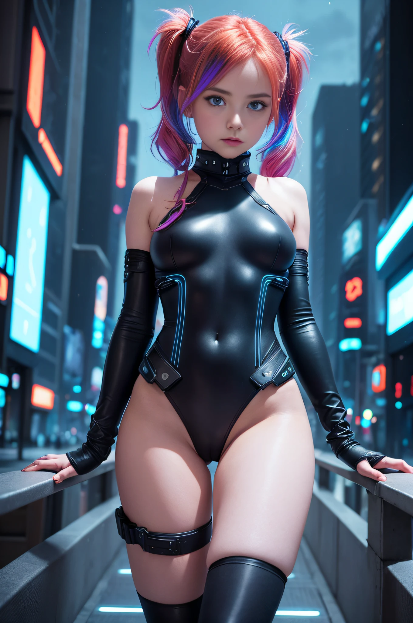 1 girl, solo, (nsfw), cute redhead 18-year-old girl in twin tails, ((perfect female body)), (cute face make up), multiple (rainbow colored hair: 1.2), (beautiful detailed blue eyes: 1.6), (photo realistic eyes: 1.6), happy, Ukrainian, (petite body), ((small hips)), pale white skin, (mini skirt and tube top), (matte pantyhose: 1.6), (("TRON LEGACY futuristic city" style background)), (night time:1.2), photo realistic.