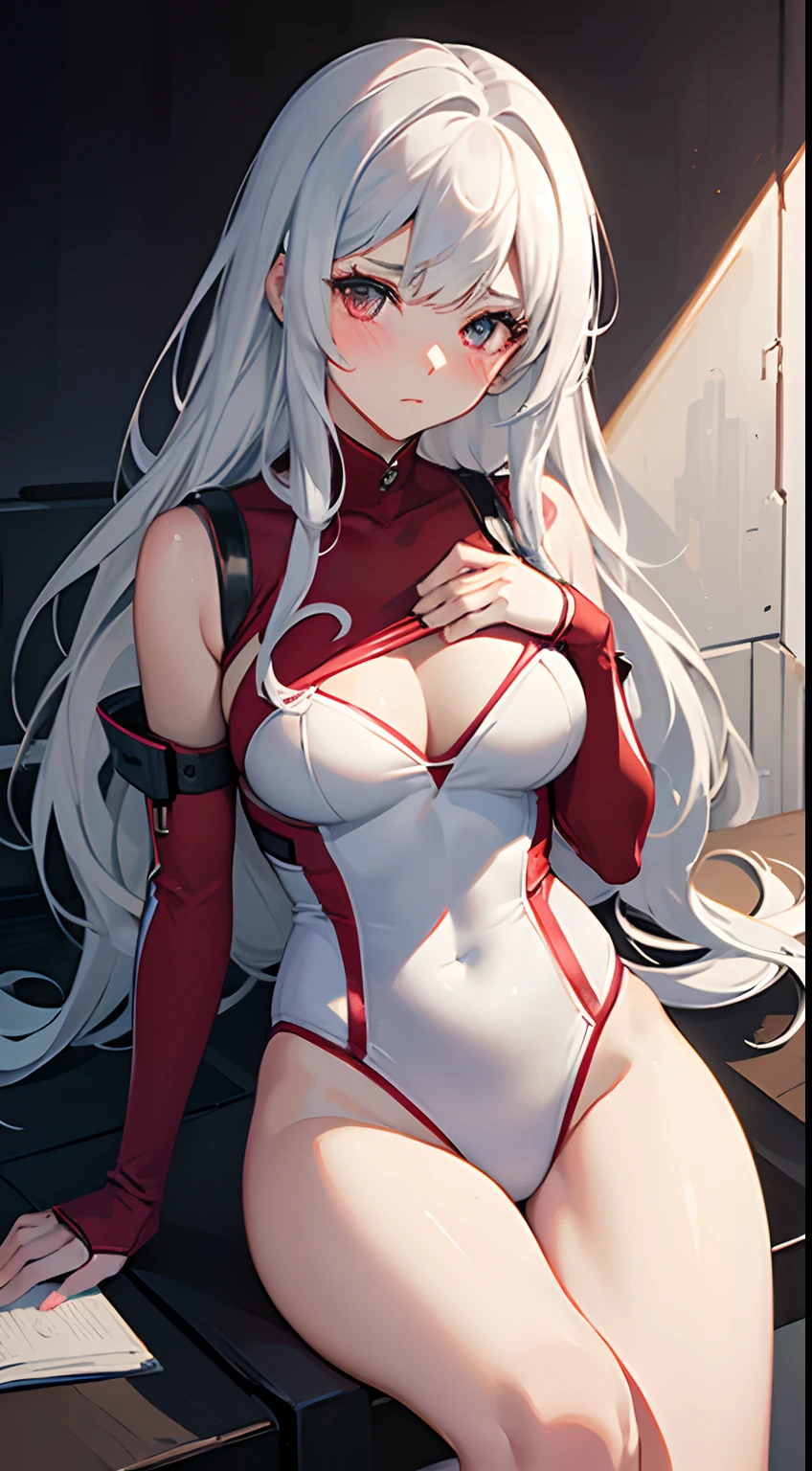((masterpiece:1.2、top-quality)), ((Put your hands on your chest)), ((Shy face)), ((Troubled eyebrows)), ((red blush)), 1 Whole body of a girl, ((White hair)), Red eyes, bob cuts, Braided hair, Leotard, pilotsuit, body suit, guns, sitting on, gender change, concept-art, beautiful anime scene, Beautiful anime scenery, top-quality, masterpiece
