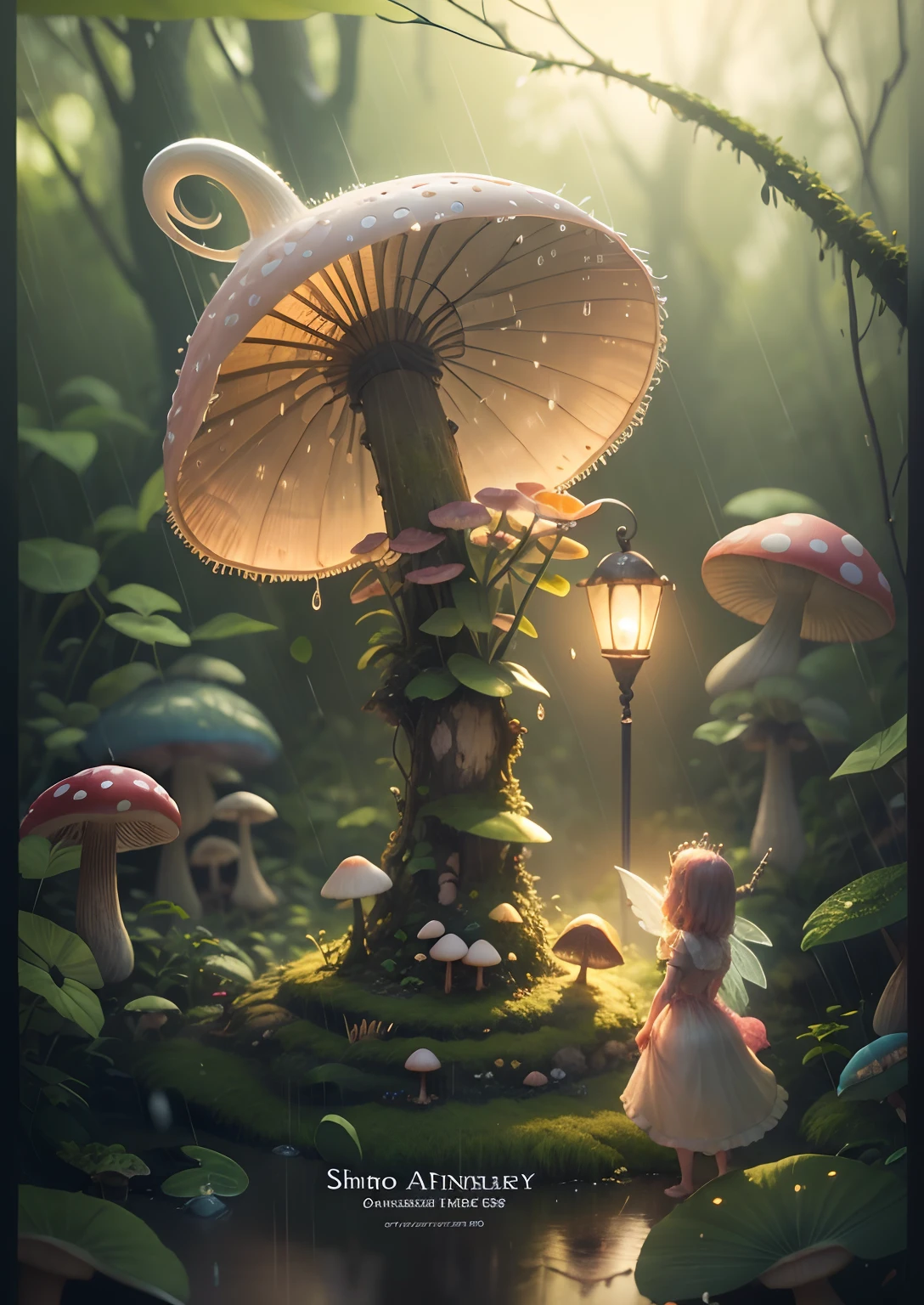 A tiny fairy princess, sheltering under a mushroom during the rain, two anatomically correct legs, visible heavy rain, 8k photorealistic, hyperdetailed