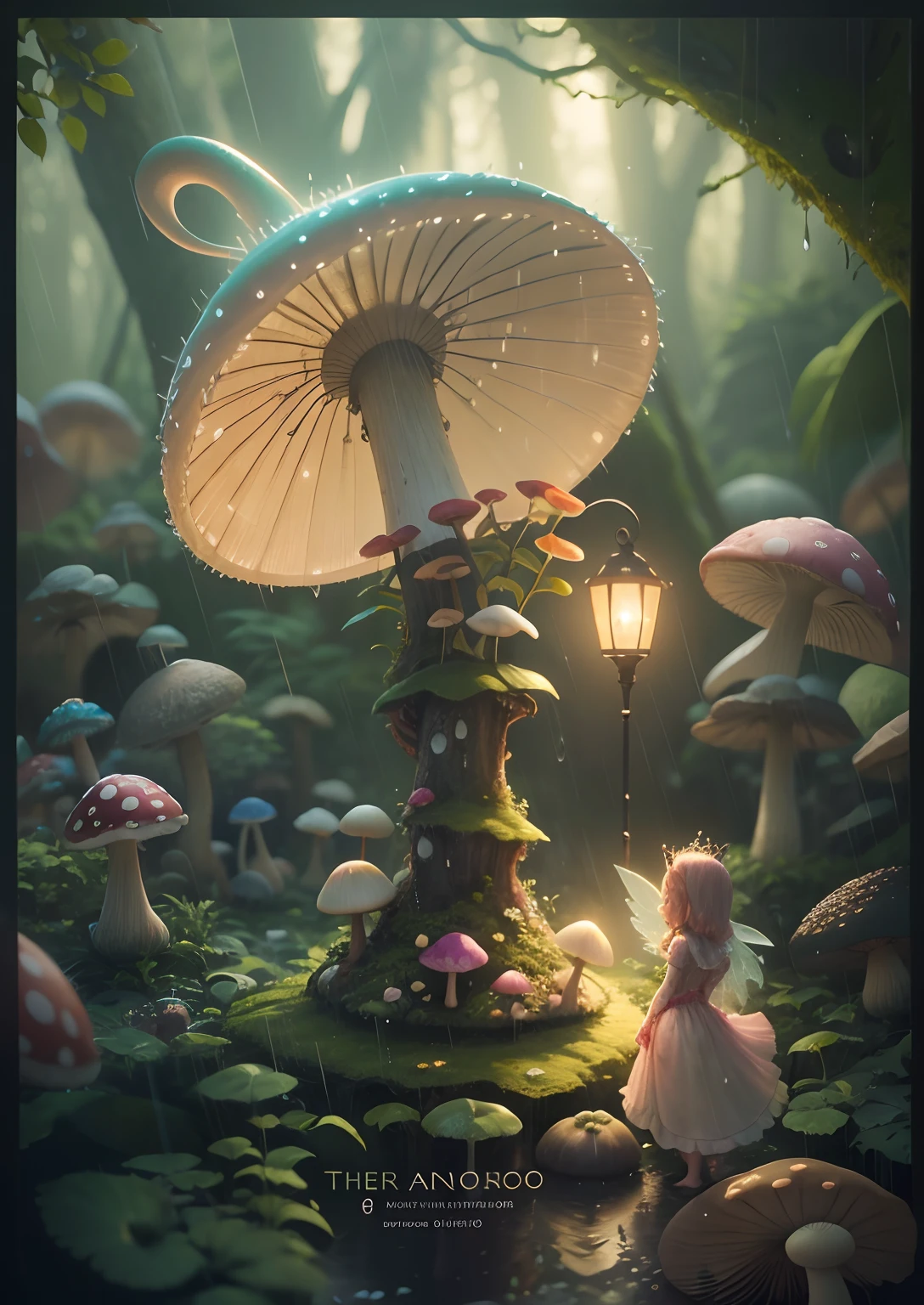 A tiny fairy princess, sheltering under a mushroom during the rain, two anatomically correct legs, visible heavy rain, 8k photorealistic, hyperdetailed