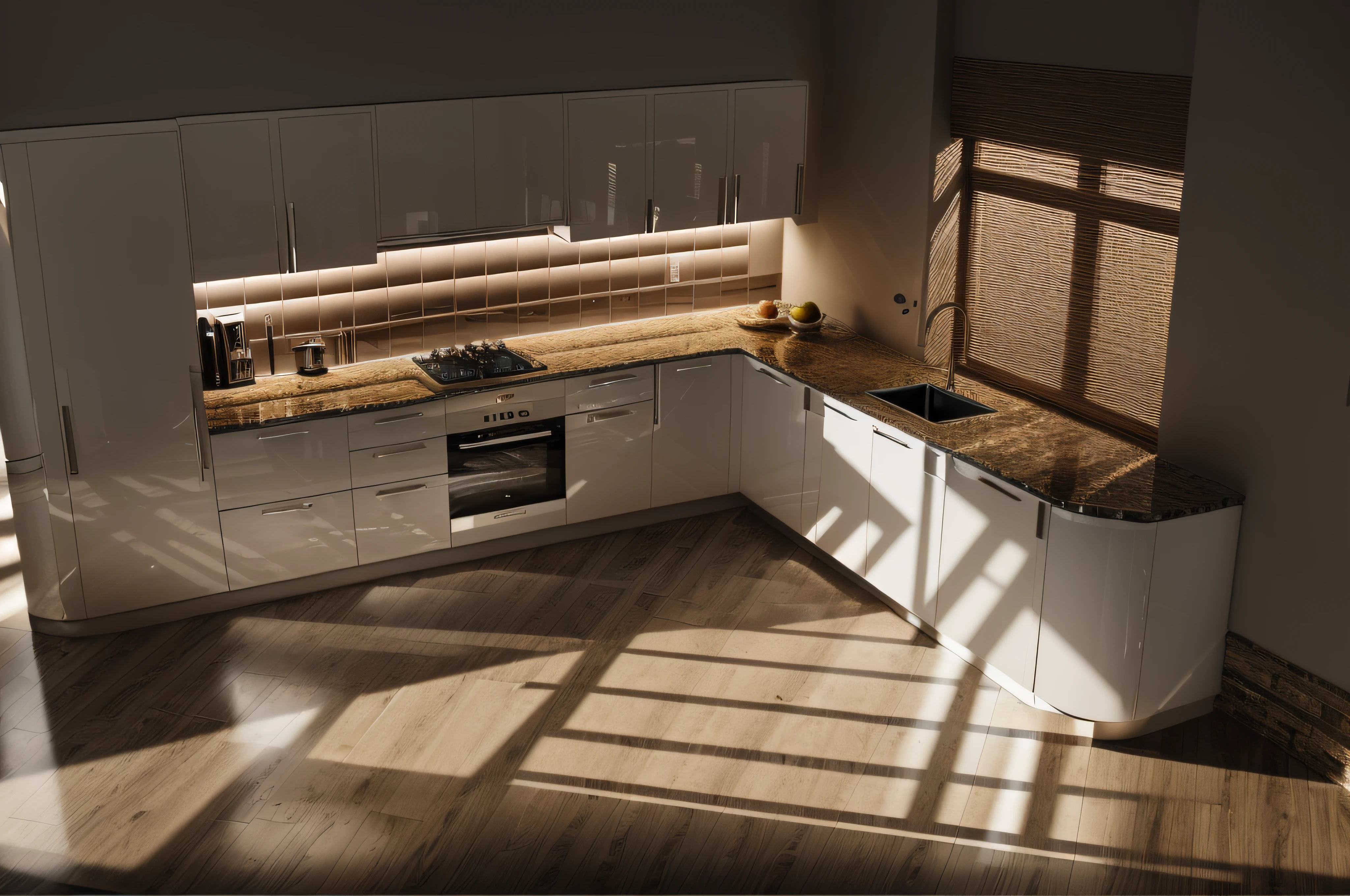 Masterpiece, high quality, best quality, authentic, super detailed, (high detail: 1.4), modern kitchen design,
Natural light: 1.4, light from the window, long kitchen cabinets, archdaily architecture, , 8k uhd, dslr, soft light, high quality, film grain, Fujifilm XT3, (((glossy  panel of Low cabinet:1.3))), grey panel high cabinet, (dark light), indoor, (nighlight), shimering light, cinematic lighting,