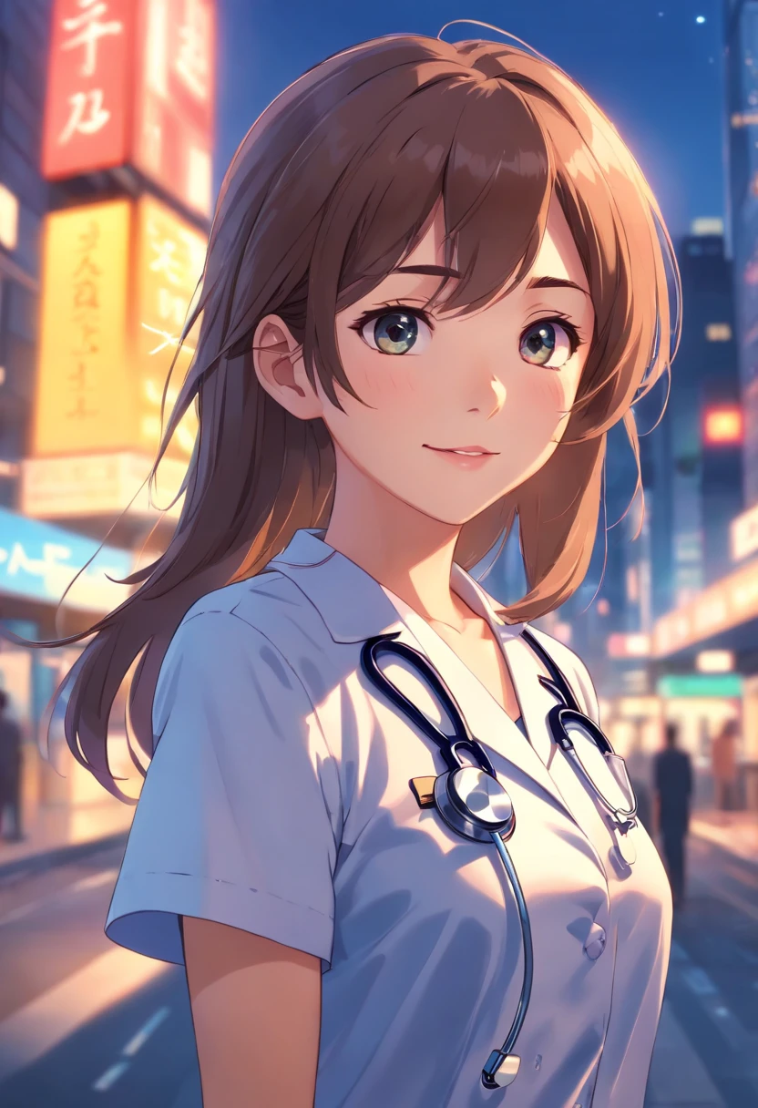 (best quality,ultra-detailed,highres,realistic),portrait,1girl,doctor,female,doctor uniform,miniskirt,beautiful detailed eyes,beautiful detailed lips,smile,wavy brunette hair,confident expression,professional,studio lighting,subtle shadows,vivid colors,soft background,elegant posture,detailed stethoscope,sharply focused,physically-based rendering,bokeh