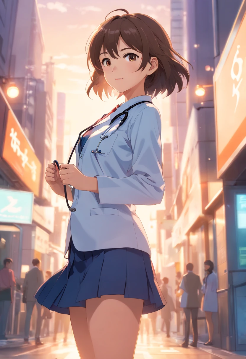 (best quality,ultra-detailed,highres,realistic),portrait,1girl,doctor,female,doctor uniform,miniskirt,beautiful detailed eyes,beautiful detailed lips,smile,wavy brunette hair,confident expression,professional,studio lighting,subtle shadows,vivid colors,soft background,elegant posture,detailed stethoscope,sharply focused,physically-based rendering,bokeh