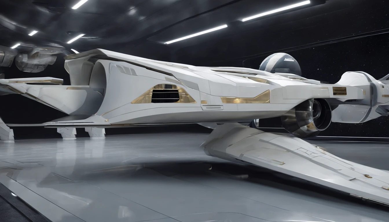 vista de longe ((Apenas uma, unique)) uma nave espacial, Estilo neves de ((star wars)) ((sem aeres)), de lucho, futurista, ((500 metros de comprimento)) ((5 metros, LARGURA)) ((uma aza na direita, uma aza na esquerda))blindagem, futurista, ouro, Branco, metal, Plano. Guerra Futurista, Flying through space ((sem corte)) (8k realista)