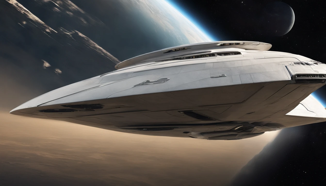 vista de longe ((Apenas uma, unique)) uma nave espacial, Estilo neves de ((star wars)) ((sem aeres)), de lucho, futurista, ((500 metros de comprimento)) ((5 metros, LARGURA)) ((uma aza na direita, uma aza na esquerda))blindagem, futurista, ouro, Branco, metal, Plano. Guerra Futurista, Flying through space ((sem corte)) (8k realista)