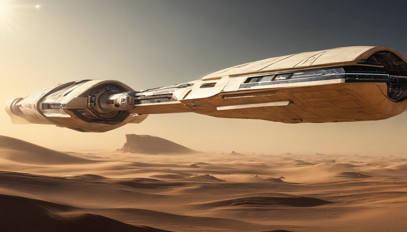 vista de longe ((Apenas uma, unique)) uma nave espacial, Estilo neves de ((star wars)) ((sem aeres)), de lucho, futurista, ((500 metros de comprimento)) ((5 metros, LARGURA)) ((uma aza na direita, uma aza na esquerda))blindagem, futurista, ouro, Branco, metal, Plano. Guerra Futurista, Flying through space ((sem corte)) (8k realista)
