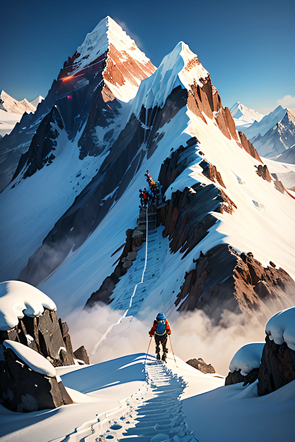 Teams of three climb Mount Everest,Three people,The first person climbed halfway up the mountain, turned around, and reached out to pull the second person,A third followed,On the top of the mountain are written the following words "CAE Skills Competition",Japanese manga style,2D art style