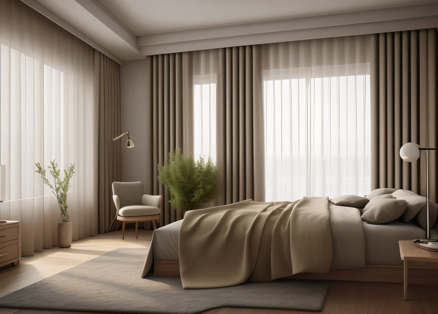 room, thick curtains, photo, deep beige, interior, modern, (angled), (masterpiece),(high quality), best quality, real, (realistic), super detailed, (full detail),(4k),8k