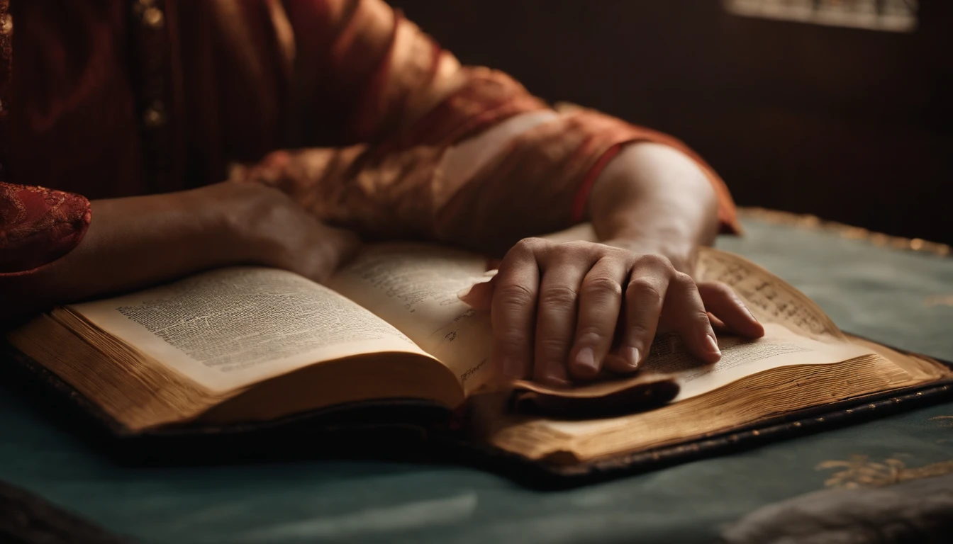 una Biblia abierta sobre una mesa, WITH TWO HANDS CLOSED IN PRAYER RESTING ON THE BIBLE