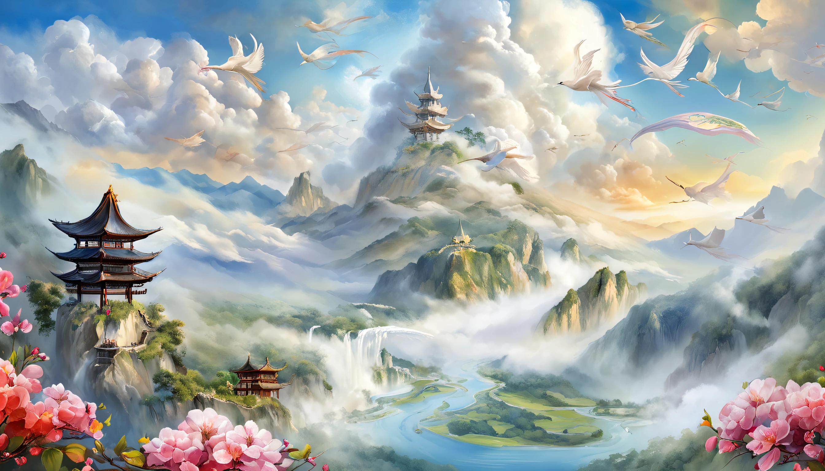 1 Chinese fairy flying over the white clouds, Flowers and running water, The divine realm of the gods, Paradise in the Mist!!!!!!!!, Divine light, super detailing, esoteric equation heaven, Breathtaking, breathtaking art, Everything that floats in the sky, afofuturism, A high resolution, --No boats