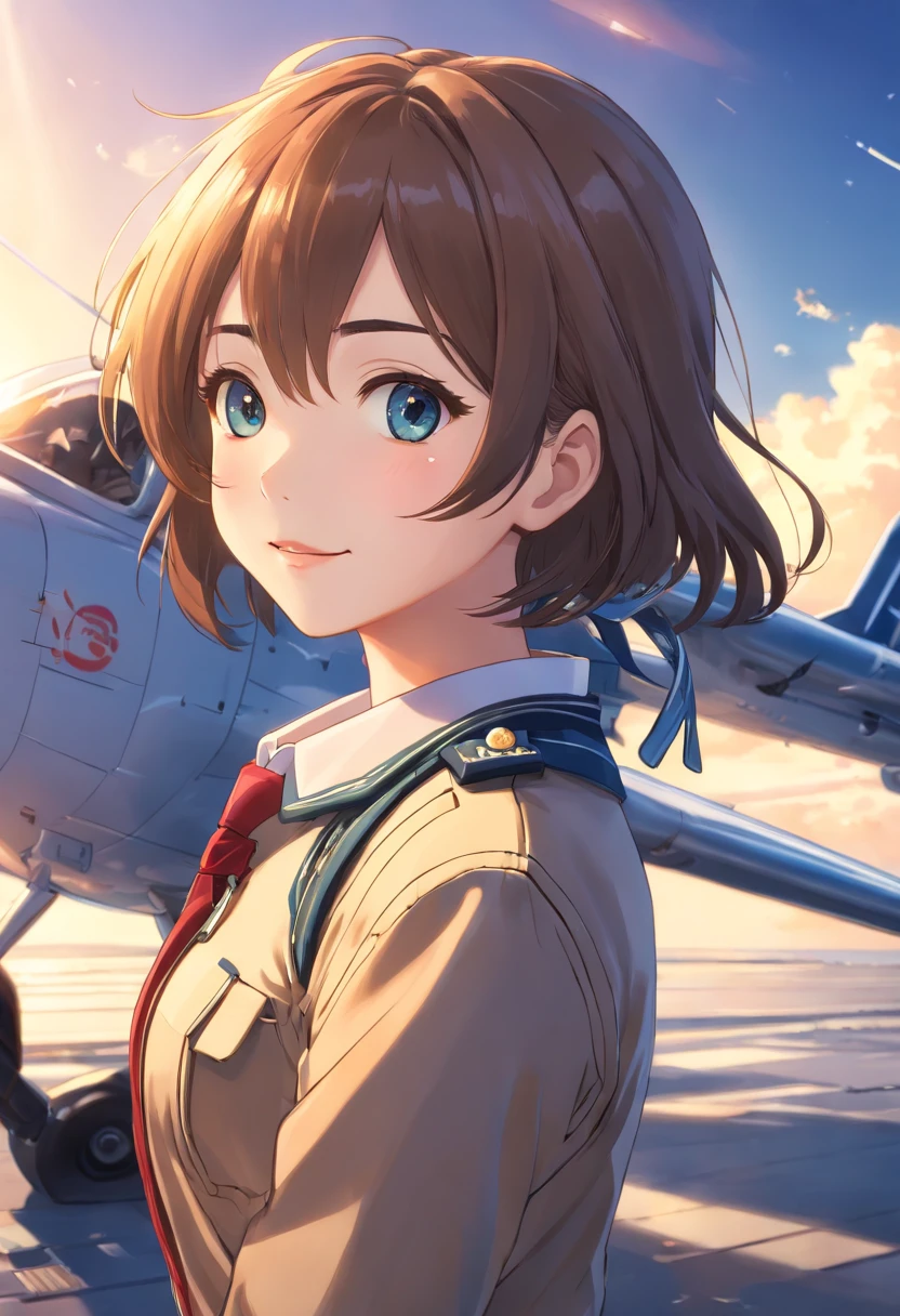 (best quality,ultra-detailed,realistic:1.37),portrait,aviation,skilled,pilot girl,1 girl,pilot,female,beautiful detailed eyes,beautiful detailed lips,smile,wearing pilot uniform,mini skirt,confident expression,stunning,professional,studio lighting,vivid colors, artistic