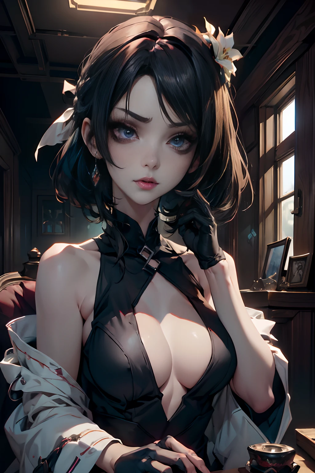 {Gothic theme},{Scissors},{Lily},ultra high res,collar,full color,(makeup),(eyeshadow),(lips),kissing,(medium breasts),