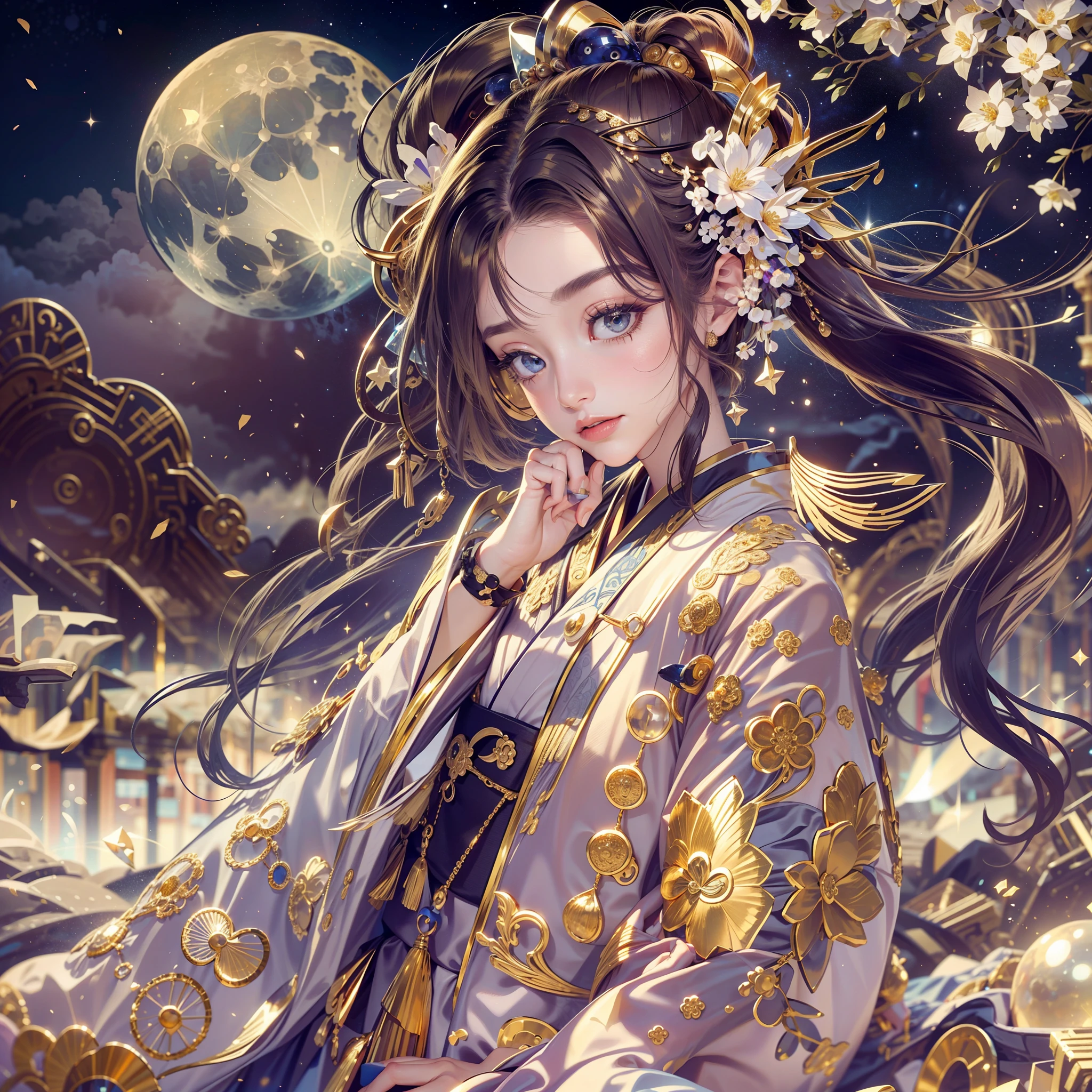 a moon、Detailed background((ancient city:1.2),Detailed starry sky background),glossy dark hair,Ponytail BREAK,elaborate costume{Luxury kimono(Colorful kimono(Detailed golden embroidery,))}、face perfect,Depict a beautiful and graceful woman of Japan。Heart in the eye。 Wallpaper 8K, .Blur the background with a sickle,((masutepiece)), ((Best Quality)),{{a portrait photo of}}