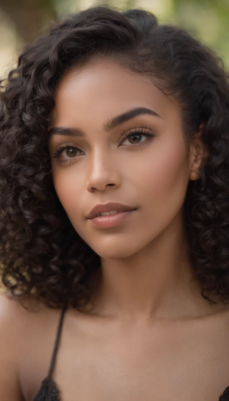 A beautiful and amazing black Brazilian woman,portrait of upper body,Free curls, Black curly hair, (dark shorter curly hair), Wild black long curly hair, multiversal hair, Brazilian, Short black curly hair, Curly black hair, Curls, wavy hair spread out, Baroque curls, curlies, curly, Fair curly hair, Hair texture, curly bang