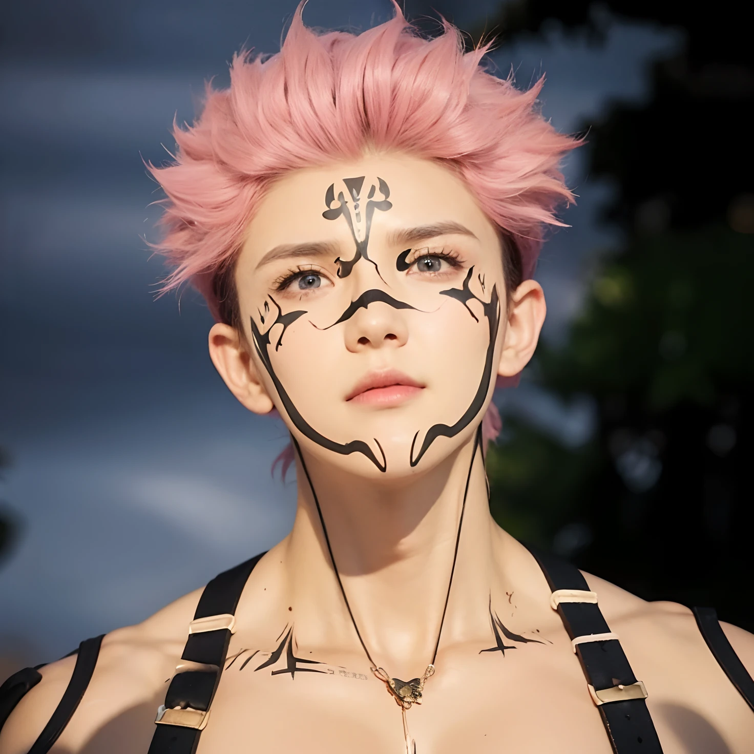 Real life adaption of this character, handsome face,realistic outfit,detailed eyes,realistic black and pink hair,realistic background,hyper realistic,realism,realistic light, realistic shadow,(photorealistic:1.2), looking to viewer,muscular body,