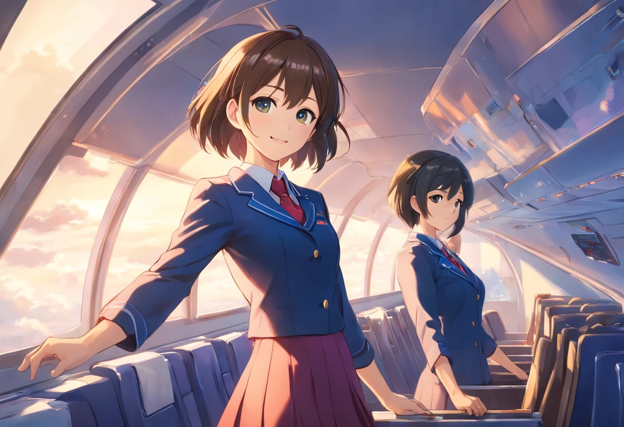 (best quality,ultra-detailed,realistic:1.37),portrait,aviation,skilled, air stewardess, flight attendant,1 girl,pilot,female,beautiful detailed eyes,beautiful detailed lips,smile,wearing air stewardess uniform, wearing flight attendant uniform,mini skirt, confident expression,stunning,professional,studio lighting,vivid colors, artistic