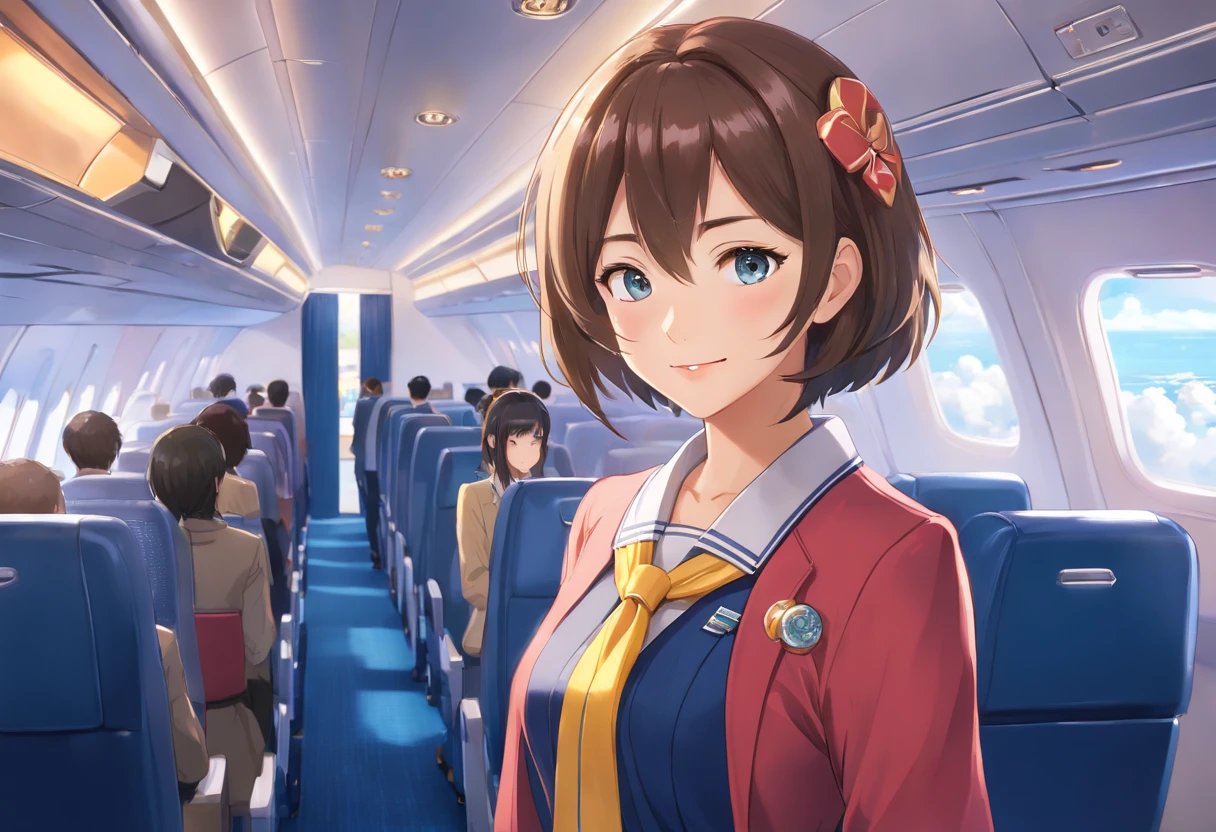 (best quality,ultra-detailed,realistic:1.37),portrait,aviation,skilled, air stewardess, flight attendant,1 girl,pilot,female,beautiful detailed eyes,beautiful detailed lips,smile,wearing air stewardess uniform, wearing flight attendant uniform,mini skirt, confident expression,stunning,professional,studio lighting,vivid colors, artistic