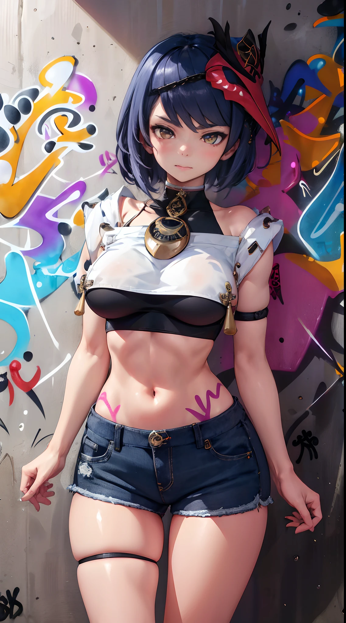 Kujou Sara Genshin Effect, masterpiece, bestquality, 1girls, oversized breasts, bara, crop top, shorts jeans, choker, (Graffiti:1.5), Splash with purple lightning pattern., arm behind back, against wall, View viewers from the front., Thigh strap, Head tilt, bored, water eyes,