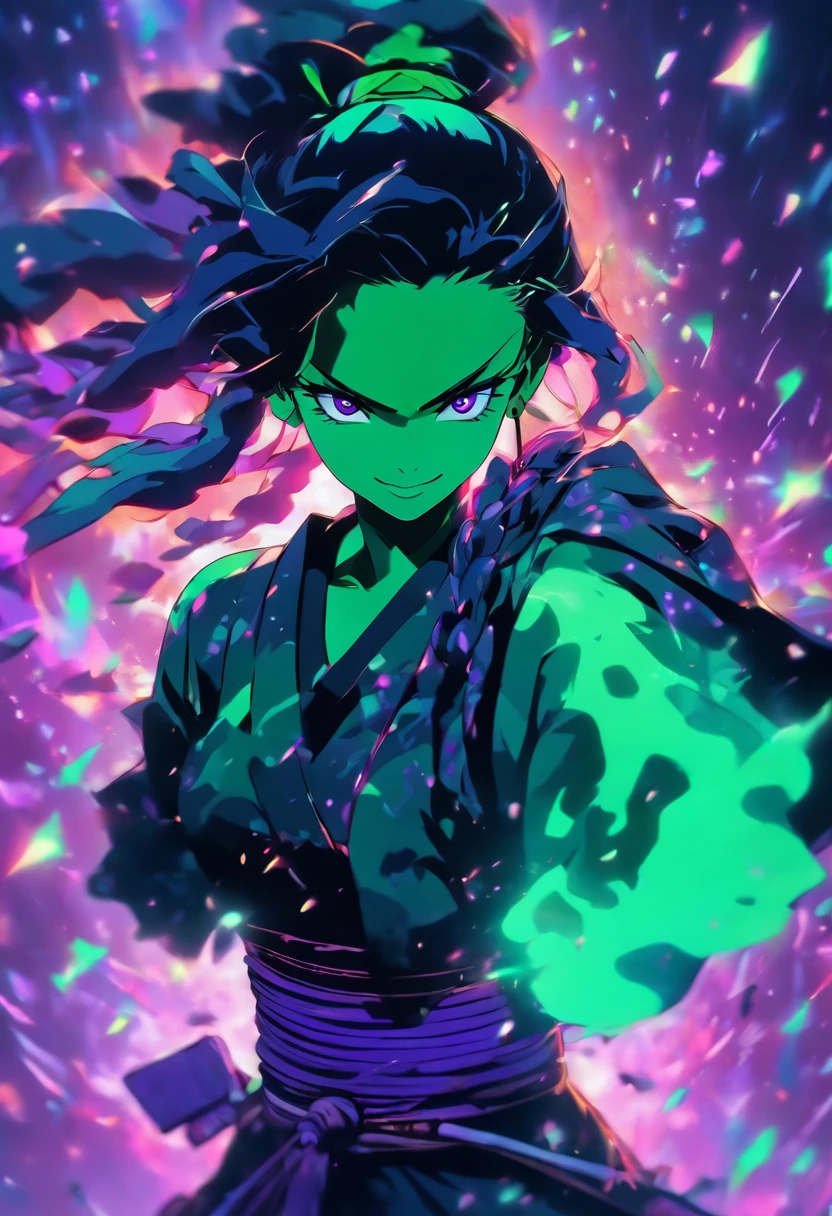 Portrait of woman carrying samurai, green and purple light, black particles, beautiful smile, black clothes