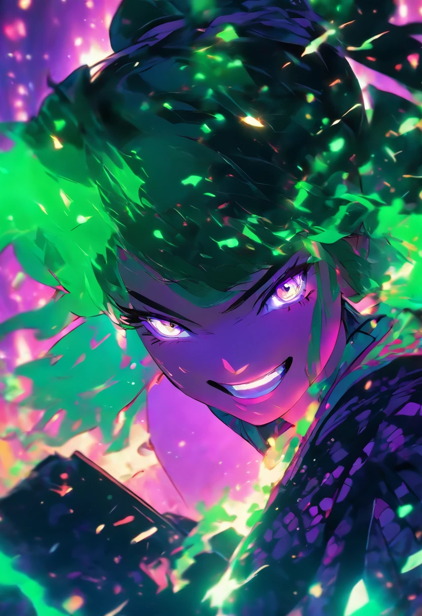 Portrait of woman carrying samurai, green and purple light, black particles, beautiful smile, black clothes