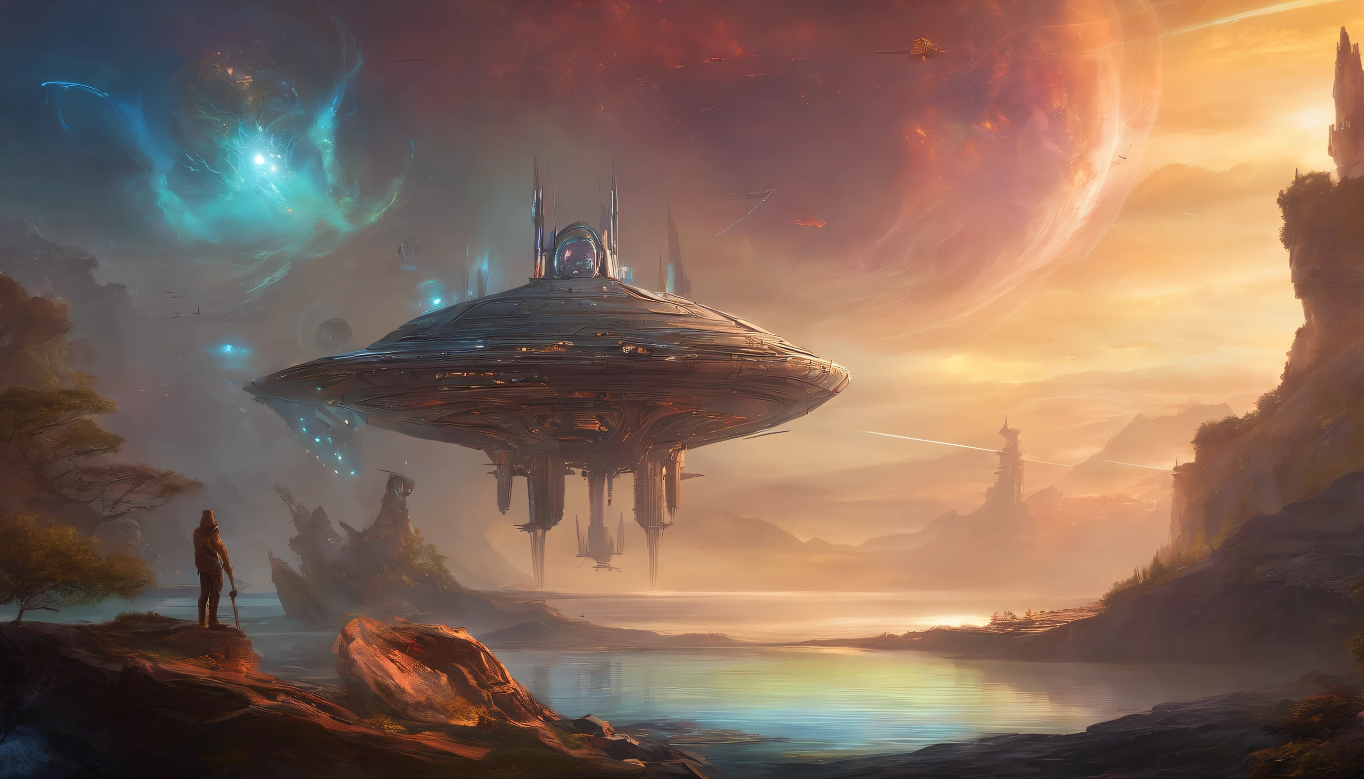 A huge spaceship stands still,The ship is broken,Outside the spacecraft, robots and astronauts are repairing,There is shipwreckage all around,The background is the vastness of the universe,Outstanding details,Cinema lenses