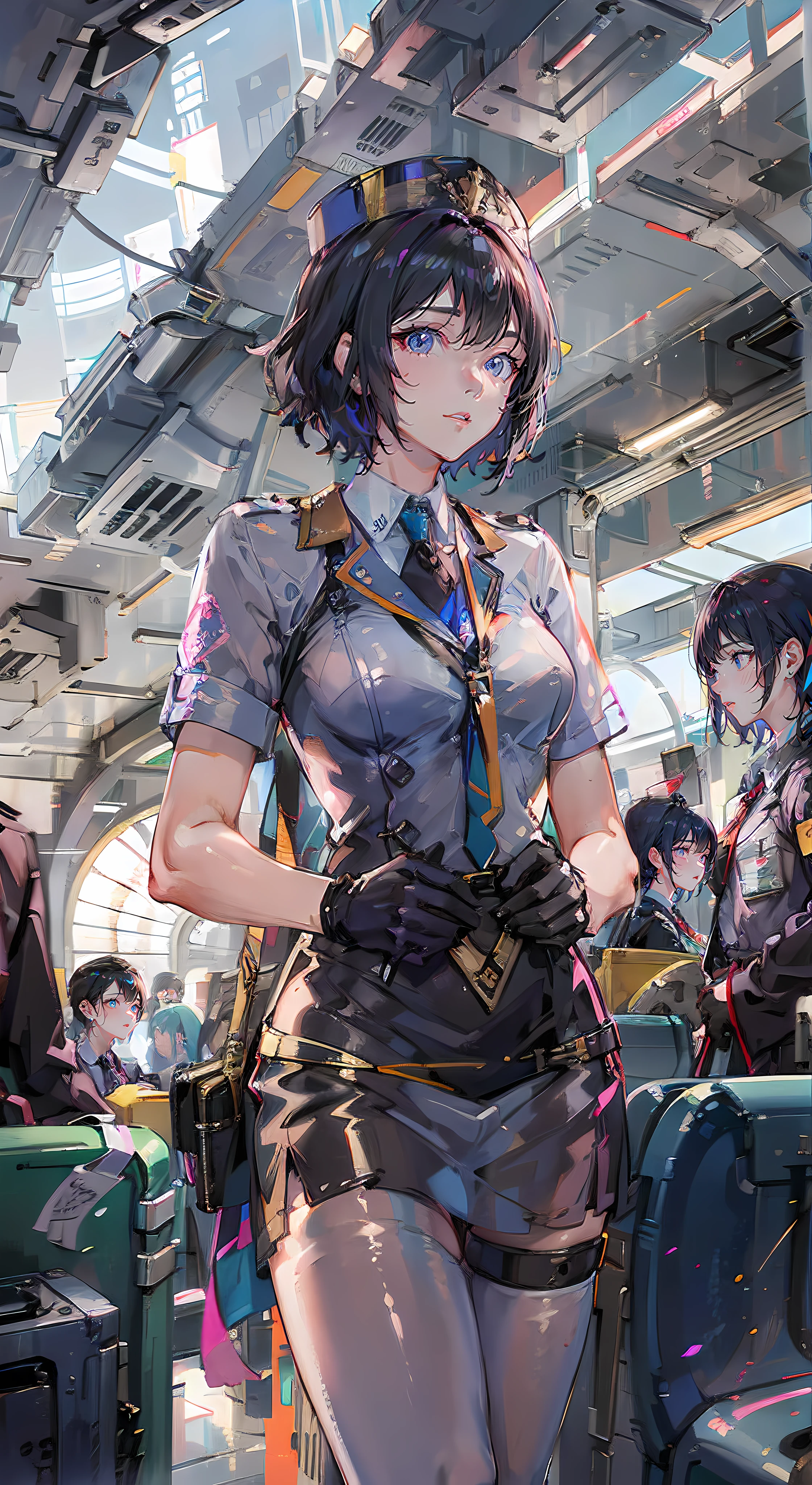 (masterpiece:1.2, best quality), 1lady, solo, Flight attendant, Uniform, Airplane, Serving passengers, Providing safety instructions, Responding to emergencies, bangs, (shiny skin:1.15),