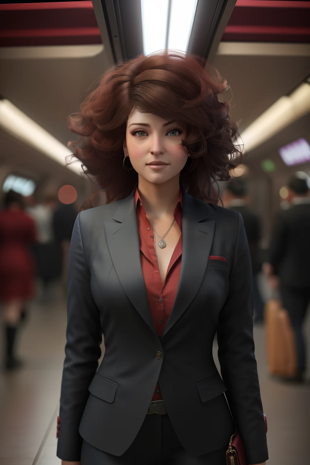 Hay una mujer con traje y camisa roja parada en un metro, Renderizado retrato 8K, Chica con traje, Chica de traje, cinematic realistic portrait, 3D render character art 8 k, detailed cinematic render, Estilo de arte fotorrealista, Arte digital de un elegante, small character. Motor Unreal 5, Render semi - realista, Aventura render hiperrealista