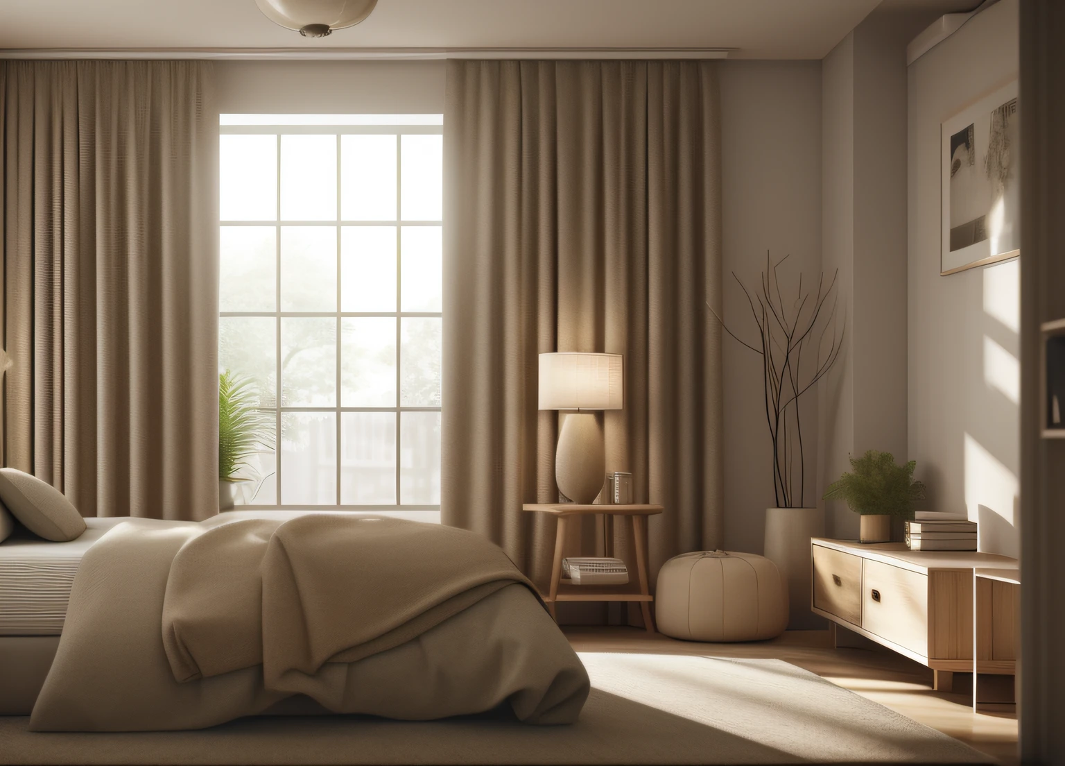cozy room, thick curtains, photo, deep beige, interior, modern, (angled), (masterpiece),(high quality), best quality, real, (realistic), super detailed, (full detail),(4k),8k