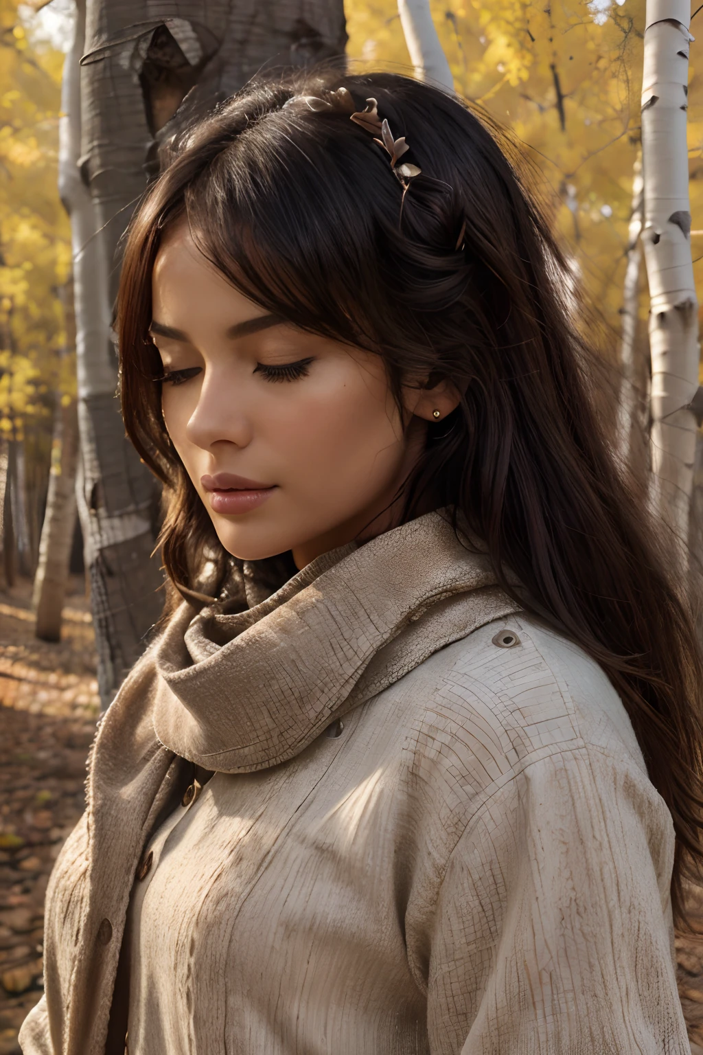 solo woman, in front of fall aspen trees, (highest quality texture), (vivid fall colored leaves) on the aspen trees, fall colored background, film quality, dark skinned woman dressed in high style fashion, she wears red velvet scarf, (highest level red velvet texture detail, luxurious), (extreme detail of her lips ), she's in front of beautiful fall aspen trees ,soft accent autum light, gorgeous rembranndt like lighting, (Rembrandt patch), (highest quality window details), fall mountain aspens trees in background, silky long dark hair, hair bangs to her eyes, every detail,Fine facial features, Masterpiece – Masterpiece ○○ quality – ○○ quality best quality(Highest Quality) ,Leica film, best, solo female, High quality (hiquality)　etc ○○ detailed – ○○ details ultra detailed(Ultra-fine ), Photorealistic, Extremely detailed(Extremely detailed) , Finely detailed(Fine-grained), (highest detail skin texture peachfuzz earlobe realistic)　etc ○○ res – ○○ resolution ultra high res(A high resolution) , very high texture res(light resolution), Realistic – Realistic Photorealistic – photorealistic beautiful – beautiful 4k , 8K,extreme detail of nature, close and intimate, her eyes closed in thought