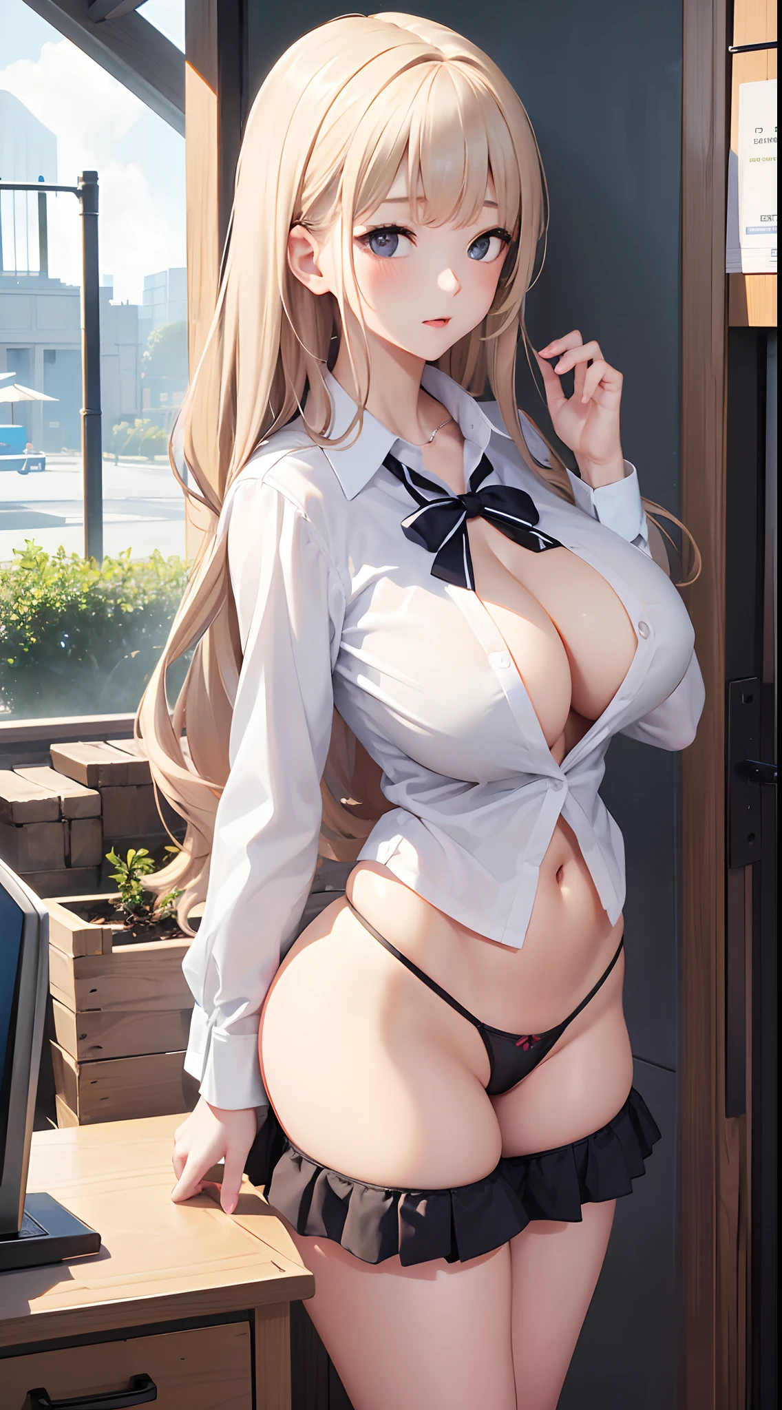(masterpiece, best quality), 1 girl, NSFW, schoolgirl uniform, shy, show off, cleavage, panties, white shirt, unbuttoned shirt to show off body, japanese beauty, white shirt button fully open, black underwear, ((huge breasts: 1.4)), --auto