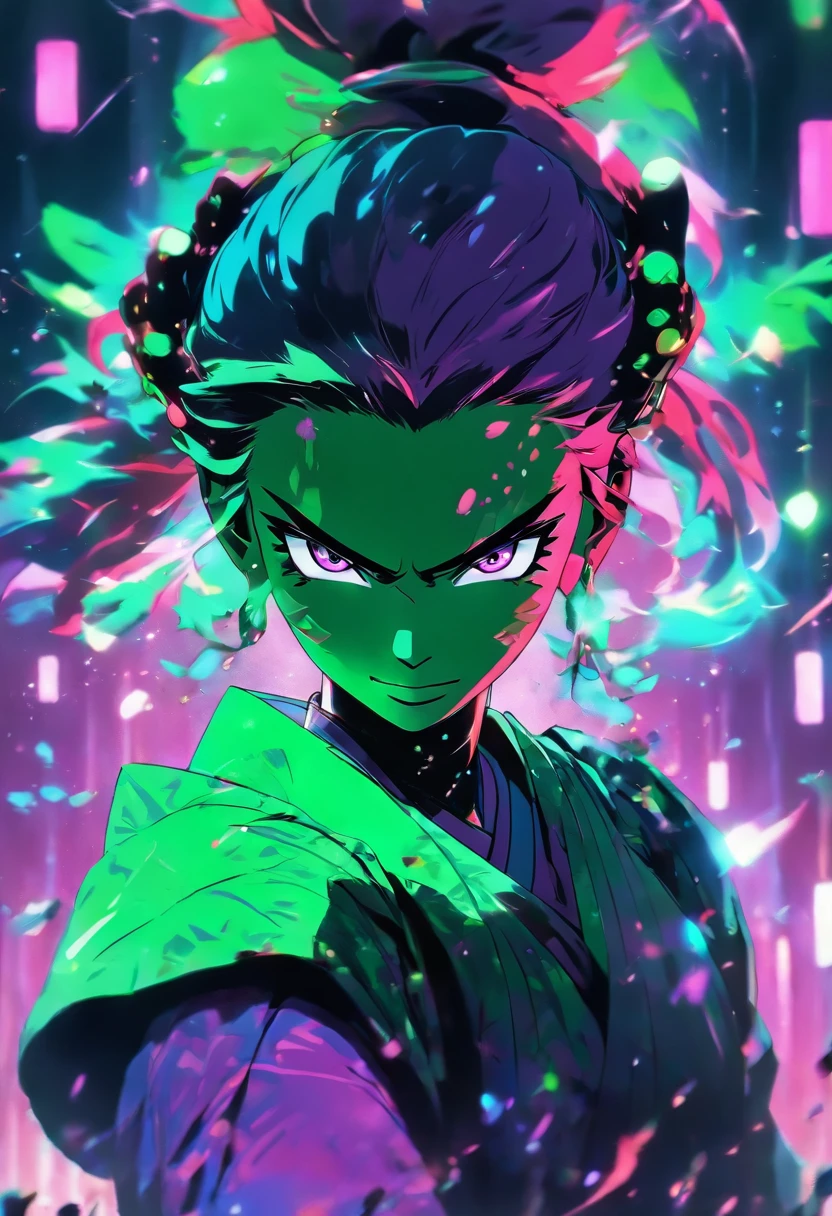 Portrait of woman carrying samurai, green and purple light, black particles, beautiful smile, black clothes