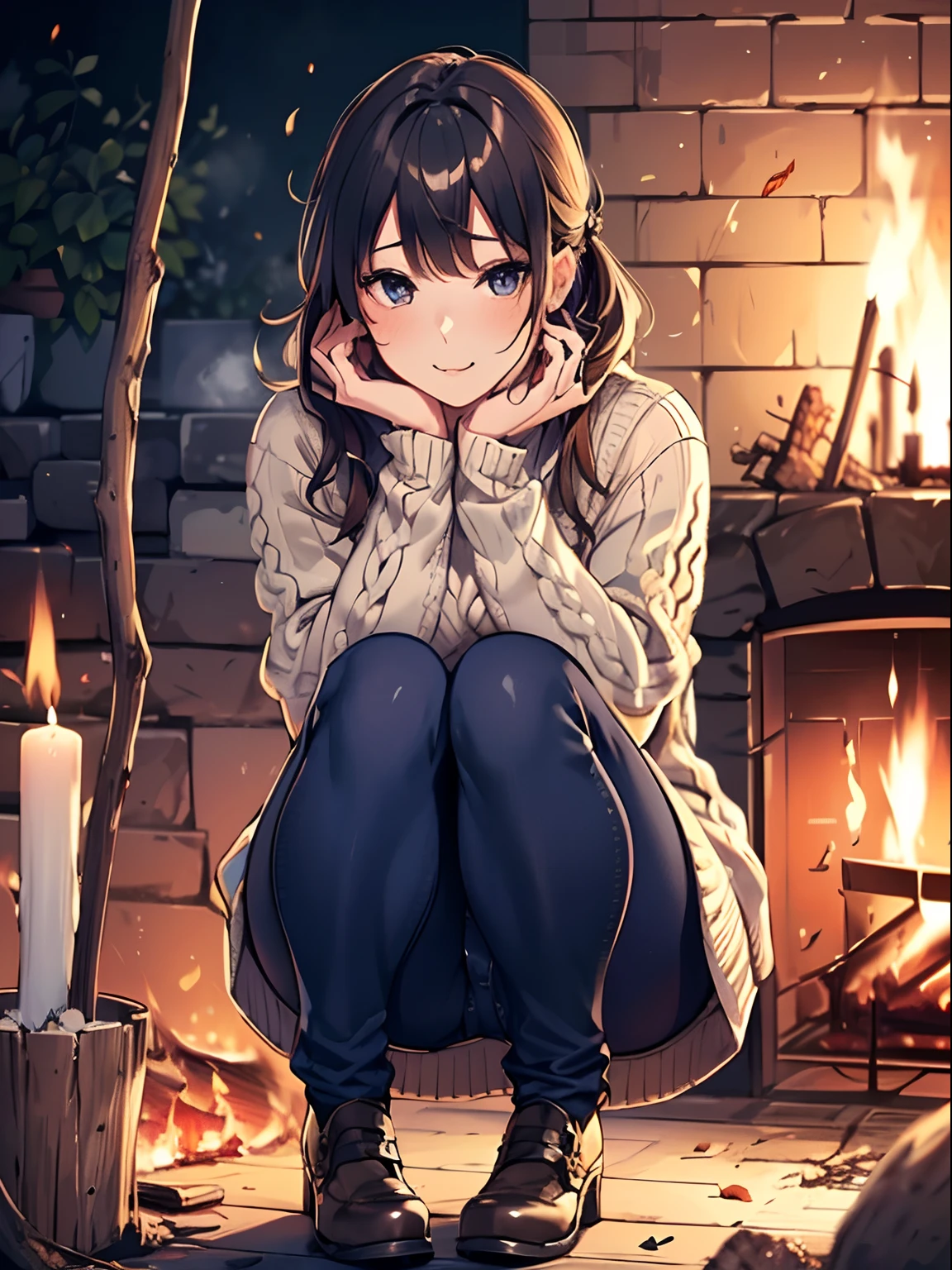 1 girl, (solo), ((sfw:1.25)), (matured woman), milf, ((beautiful detailed eyes:1.2, fine detailed face)), (dark mahogany medium short hair, updo, wavy hair), (wearing turtle neck sweater), ((detailed cable-knit sweater:1.2)), (navy blue skinny denim), with roasting skewered sweet potatoes over a bonfire, (squatting near bonfire with putting stick into the fire:1.25), looking at fire, (outdoor:1.2), in a garden, fallen leaves, (ultra high resolution, 8K RAW photo, super realistics, high detailed, masterpiece, clear focus), ((correct anatomy:1.2)), ((from center of front)), focusing fires,