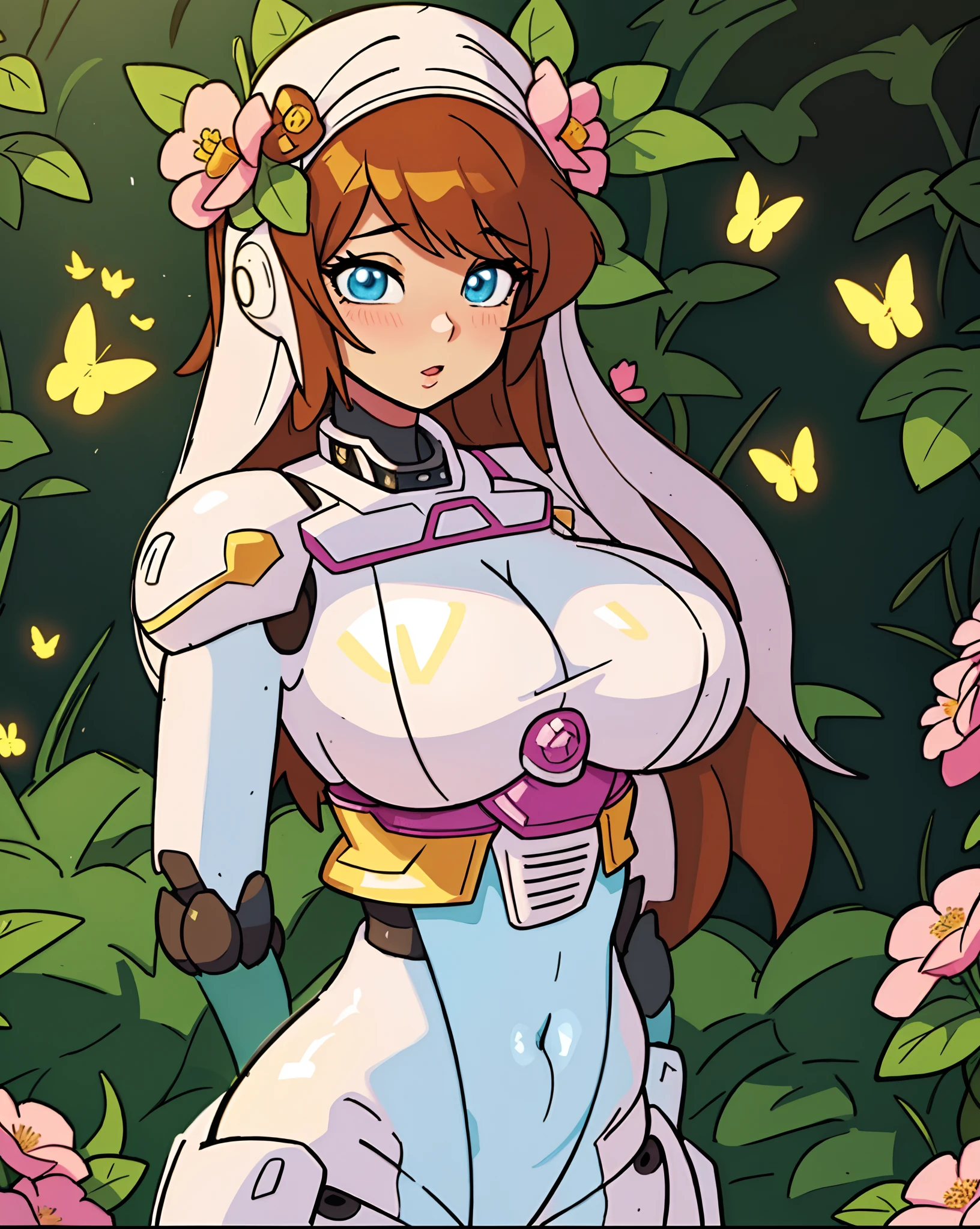 a close up of a mecha in a white bodysuit with flowers in her hair, 8k high quality detailed art, 3d anime toon, detailed digital anime art, cartoon anime, fanart best artstation, smooth anime cg art, digital anime art, beautiful alluring anime female robot, anime girl render, [ 4 k digital art ]!! a beautiful scene of a robot in a fantasy garden, this is beautiful and gorgeous but extremely sexy, she is taking a moment to feel mother nature, very eye catching 😉