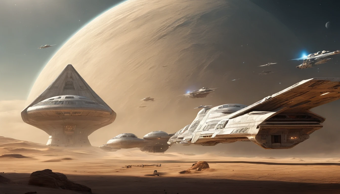 vista de longe ((Apenas uma, unique)) uma nave espacial, Estilo neves de ((star wars)) ((sem aeres)), de lucho, futurista, ((500 metros de comprimento)) ((5 metros, LARGURA)) ((uma aza na direita, uma aza na esquerda))blindagem, futurista, ouro, Branco, metal, Plano. Guerra Futurista, Flying through space ((sem corte)) (8k realista)